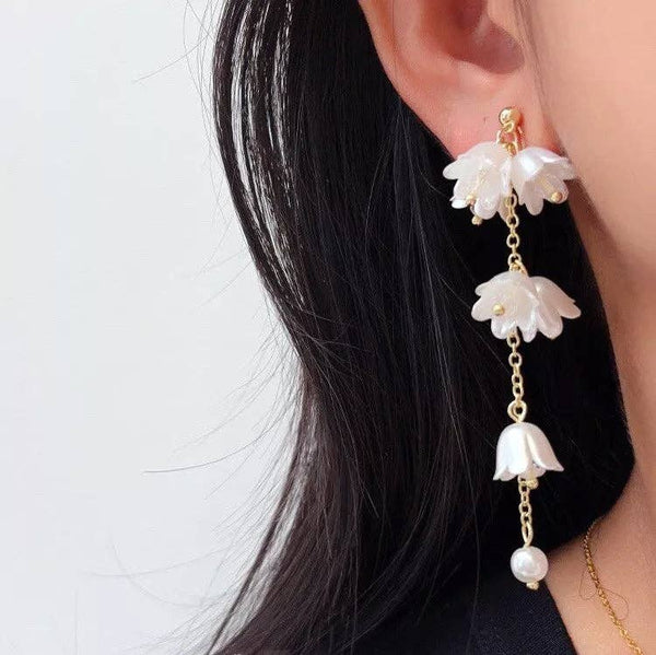 Bell Flowers White Flora Drop Glass Pearls Earrings