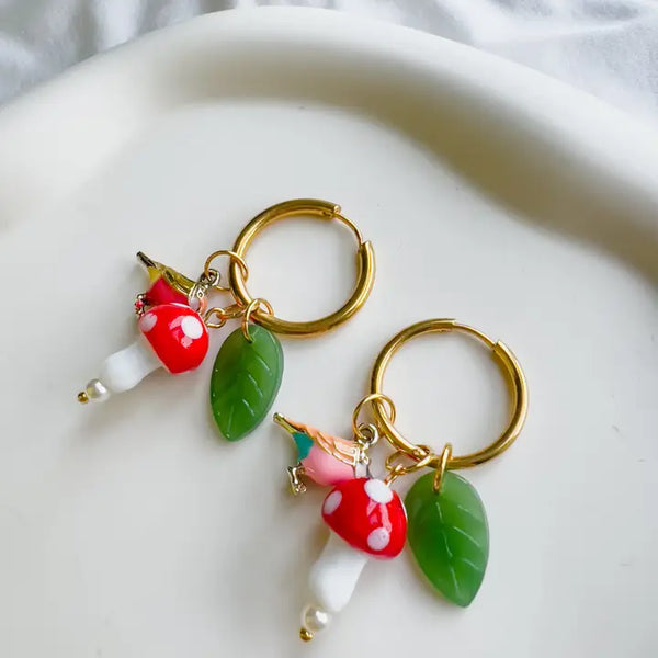 Birds and Mushrooms Earrings | Glass Bead Earrings
