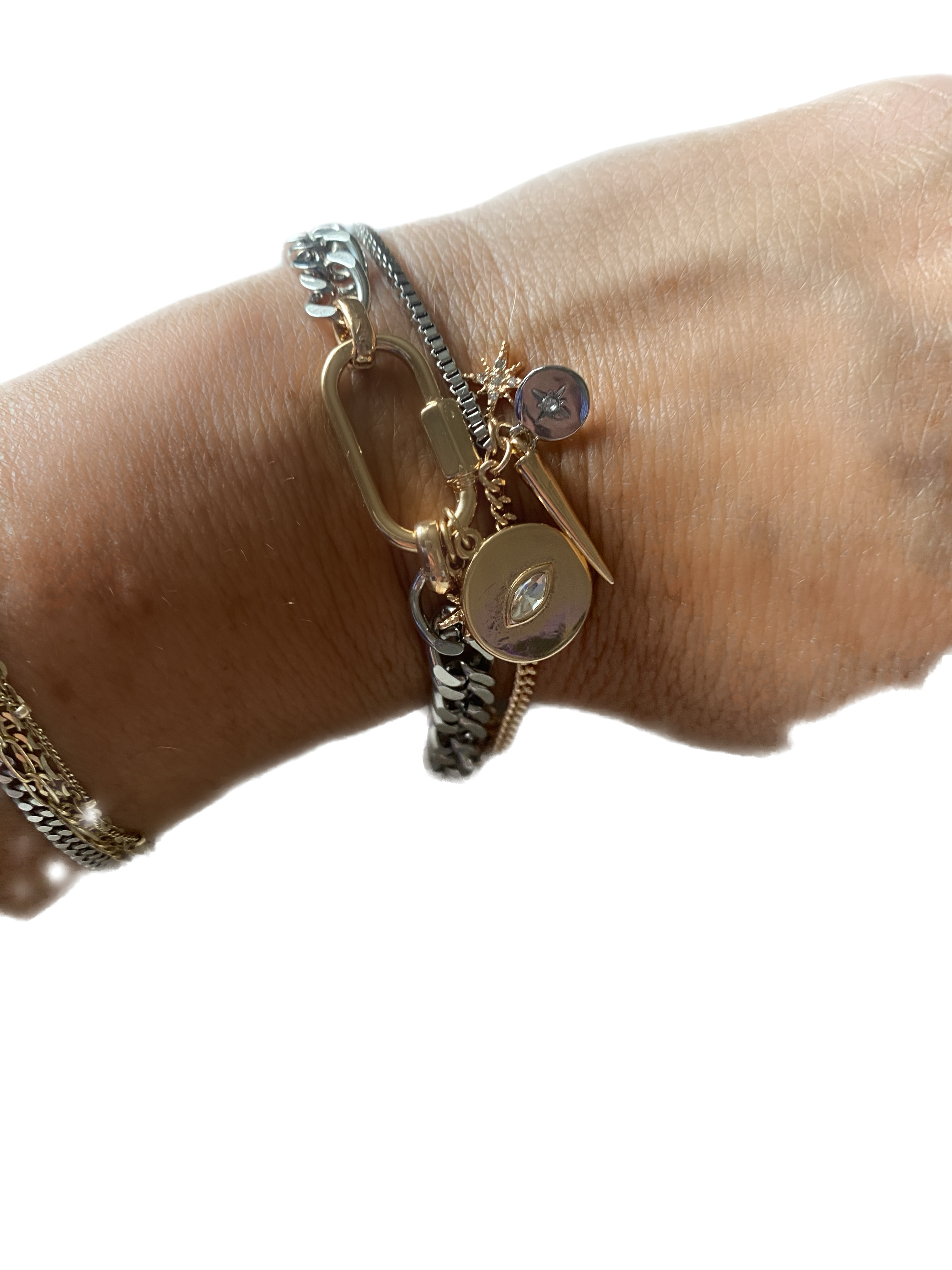 Horn & Evil Eye Carabiner, Multi Chain, Charm Bracelet Steel