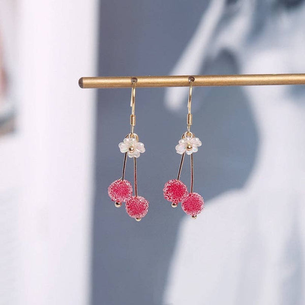 Pink Chinese Bayberry Dangle Drop Earrings