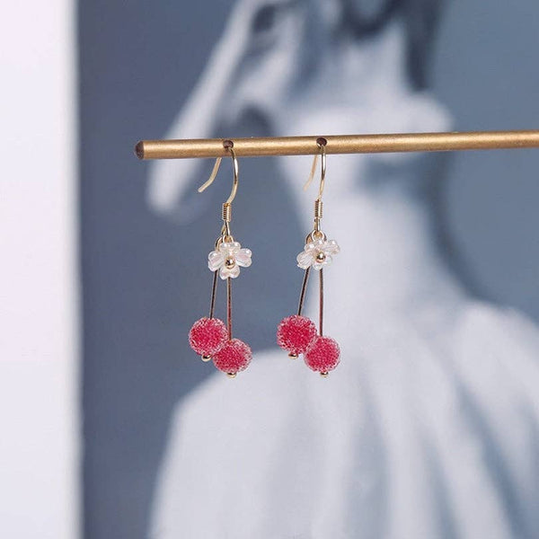 Pink Chinese Bayberry Dangle Drop Earrings