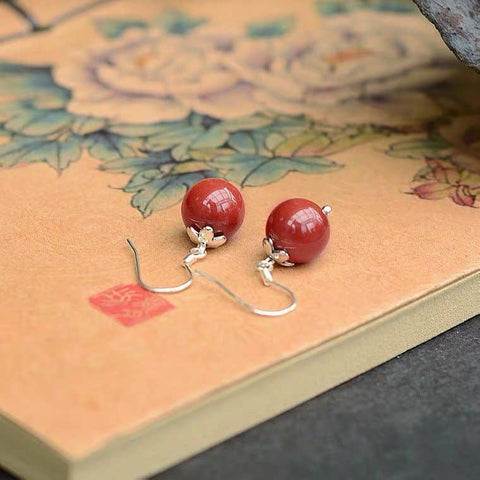 Xiangsi Silver Flower Red Jade Earrings