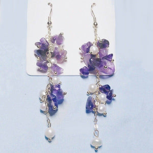 Amethyst Birth Stone Gem Chips/Natural Pearls Long Earrings Hook