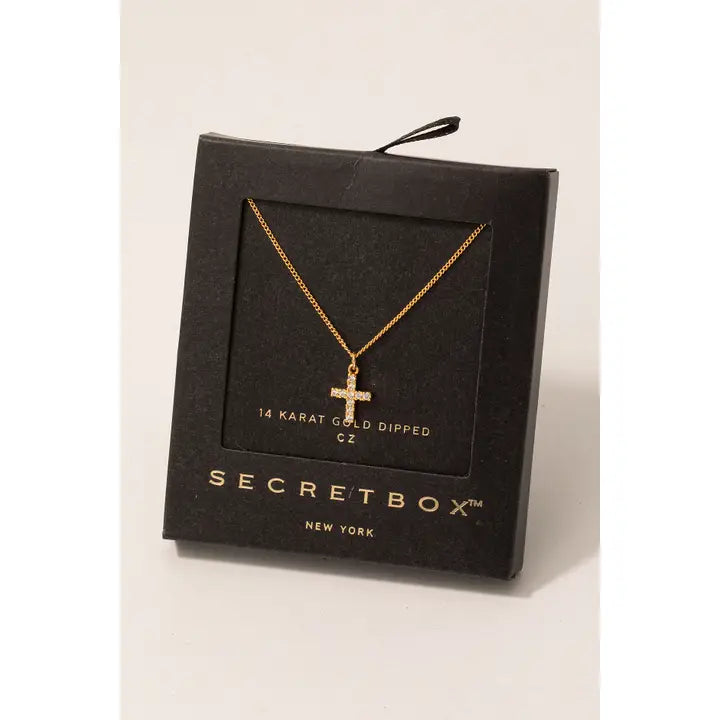 Secret Box Gold Dipped Cz Pave Cross Pendant Necklace