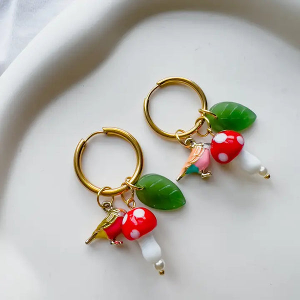 Birds and Mushrooms Earrings | Glass Bead Earrings