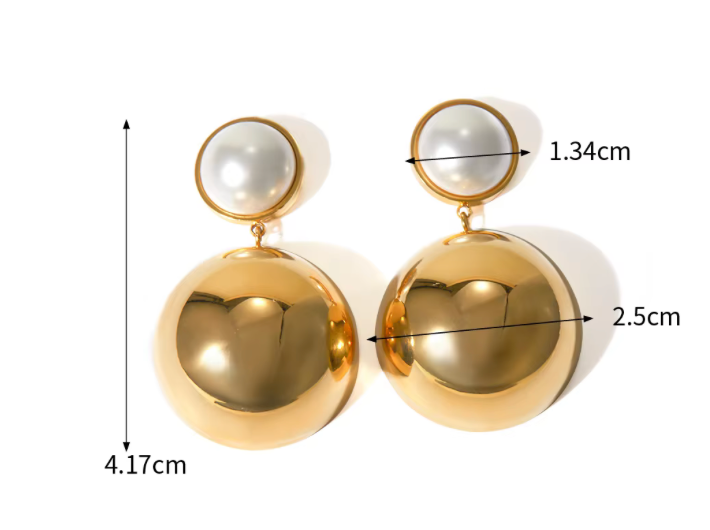 Ball Drop- Pearl Earring- Steel 14K Gold