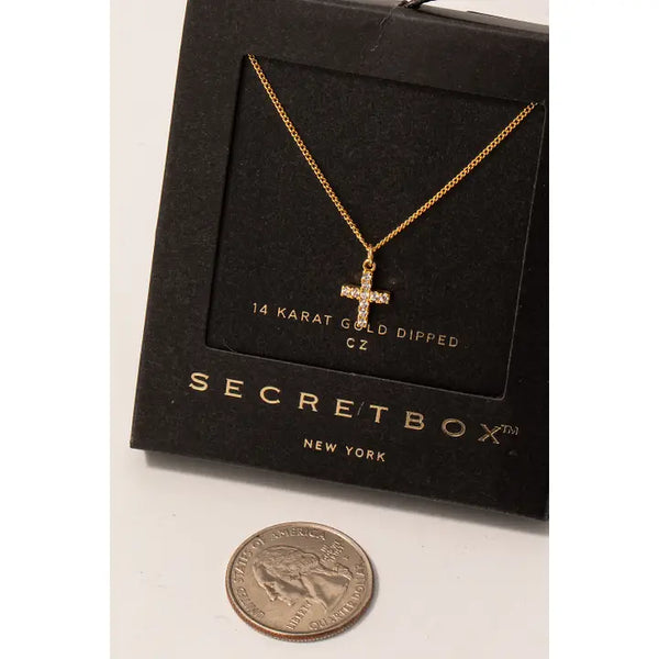 Secret Box Gold Dipped Cz Pave Cross Pendant Necklace