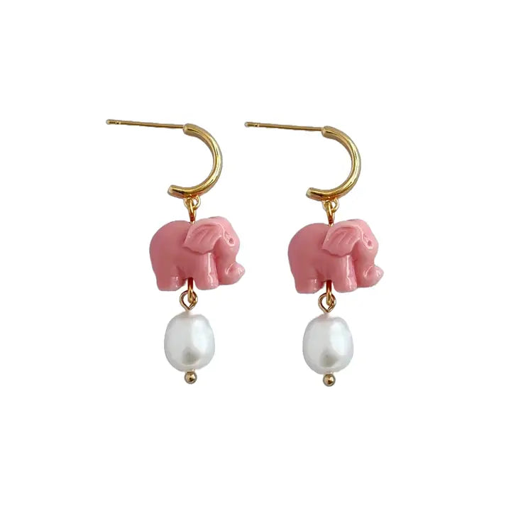 Pink Elephant Earrings with Freshwater Pearl | Beaded Earrings