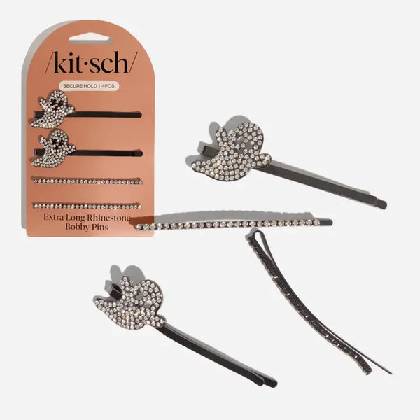 Extra Long Metal Rhinestone Bobby Pins 4pc Set - Ghost