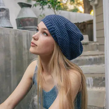 Waffle Knit Slouch Beanie - Blue