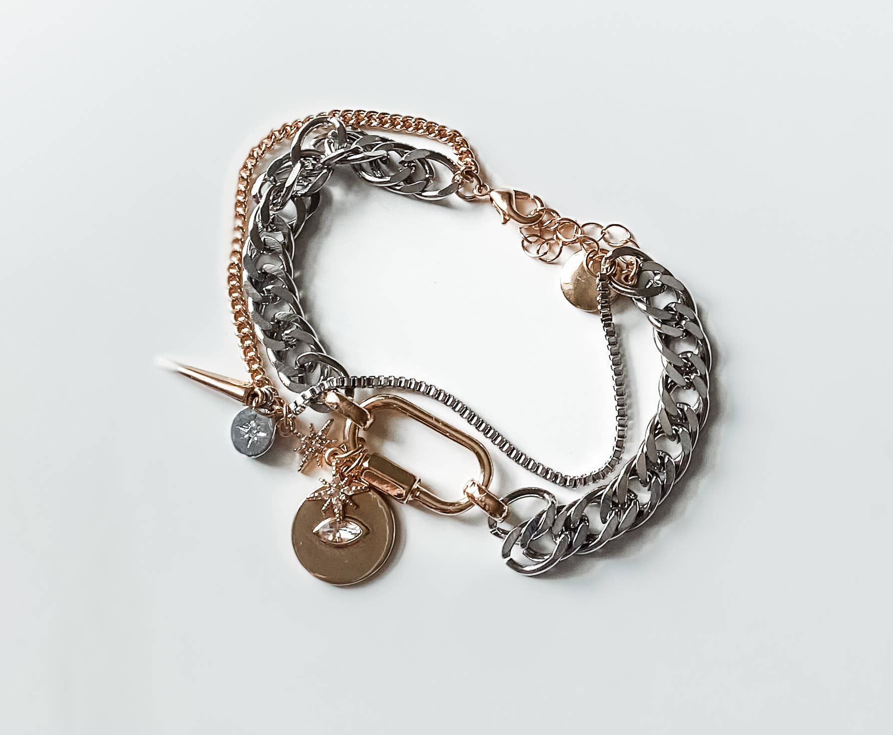 Horn & Evil Eye Carabiner, Multi Chain, Charm Bracelet Steel
