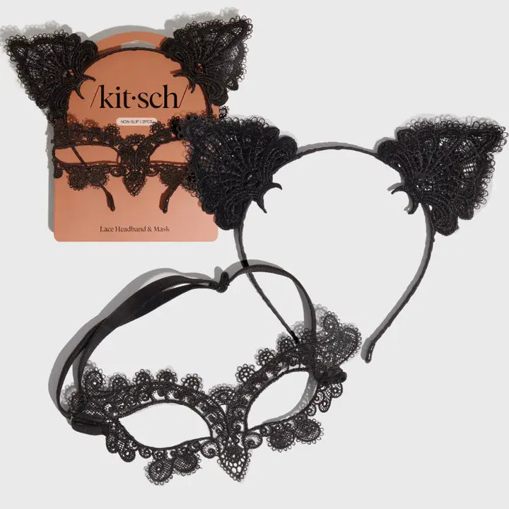 Lace Headband & Mask 2pc Set - Black Cat