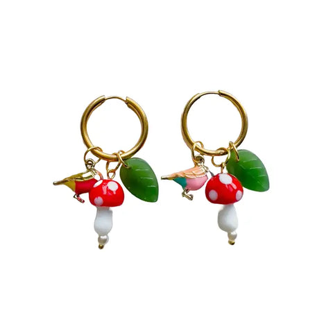 Birds and Mushrooms Earrings | Glass Bead Earrings