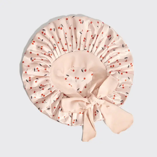 Adjustable Oversized Satin Bonnet - Cherry Print