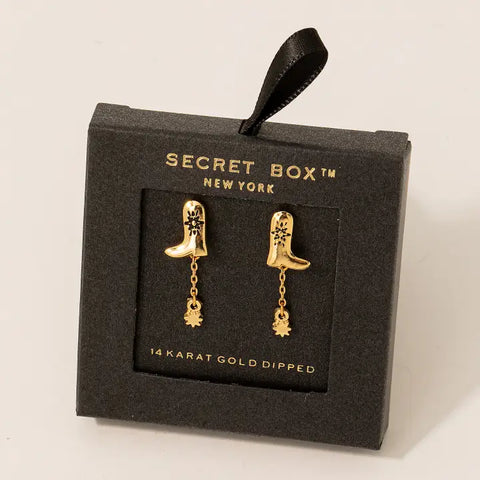 Secret Box Cowboy Boot And Charm Dangle Earrings