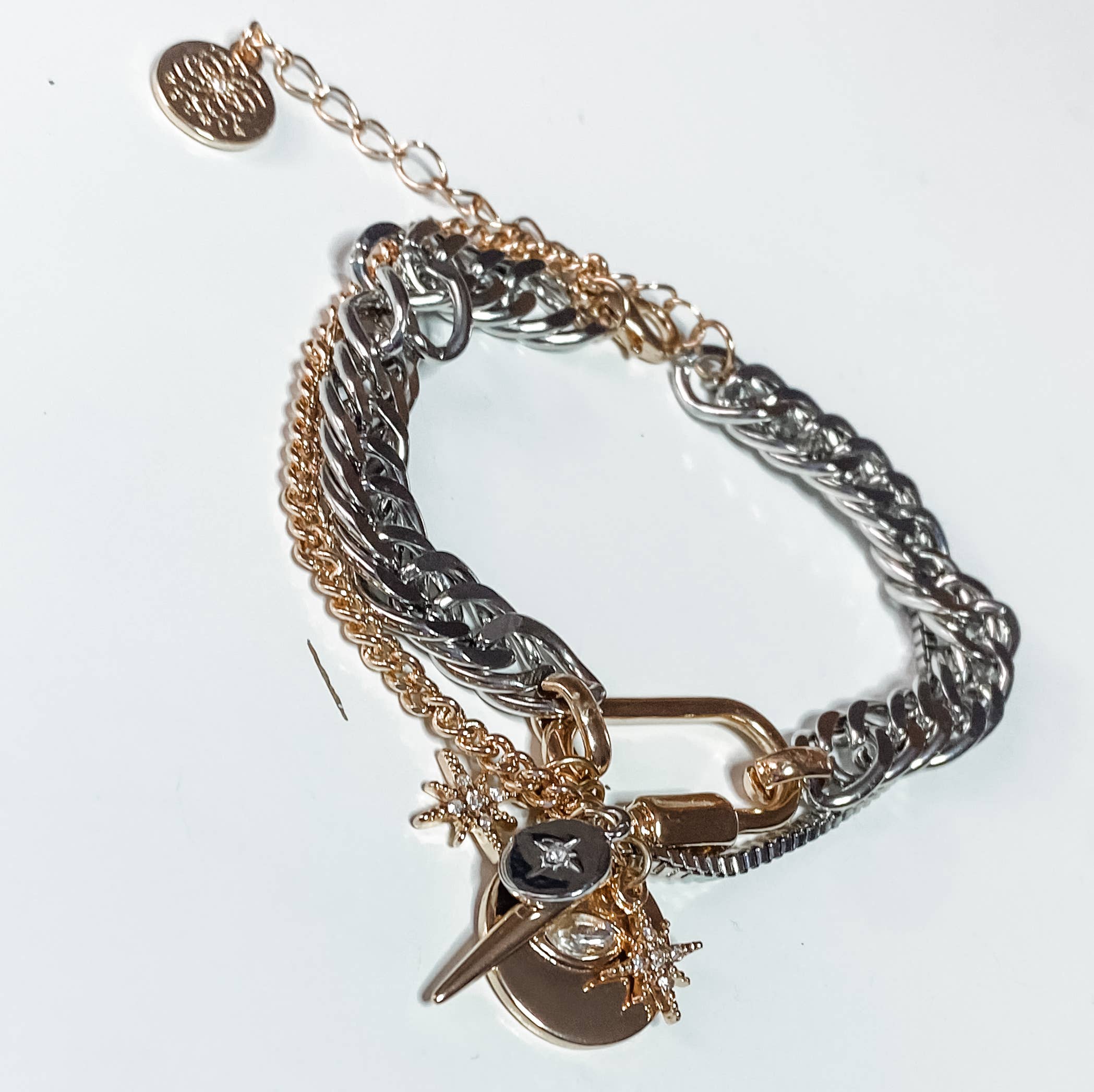 Horn & Evil Eye Carabiner, Multi Chain, Charm Bracelet Steel