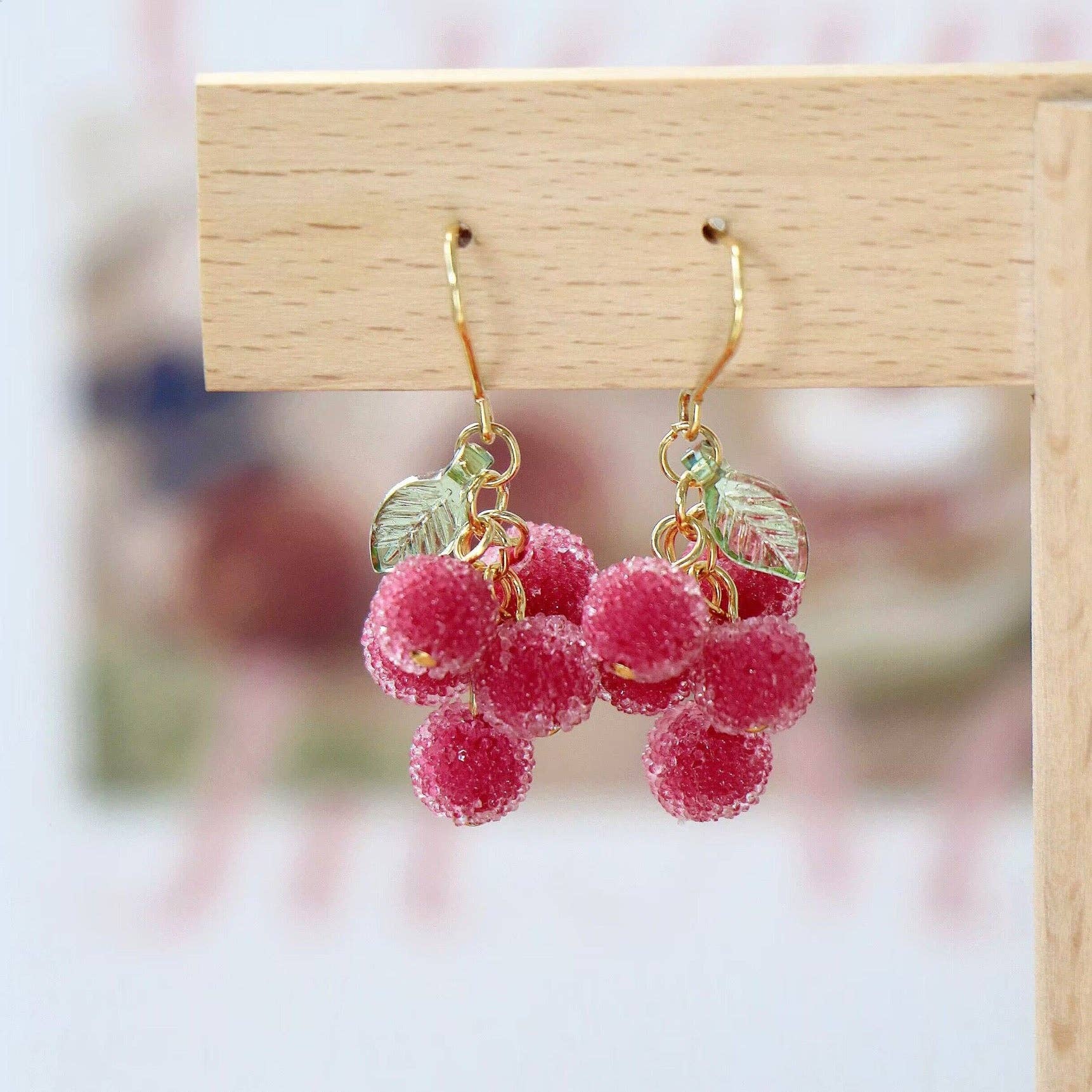 Pink Chinese Bayberry Dangle Hook Earrings