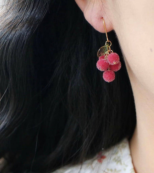 Pink Chinese Bayberry Dangle Hook Earrings