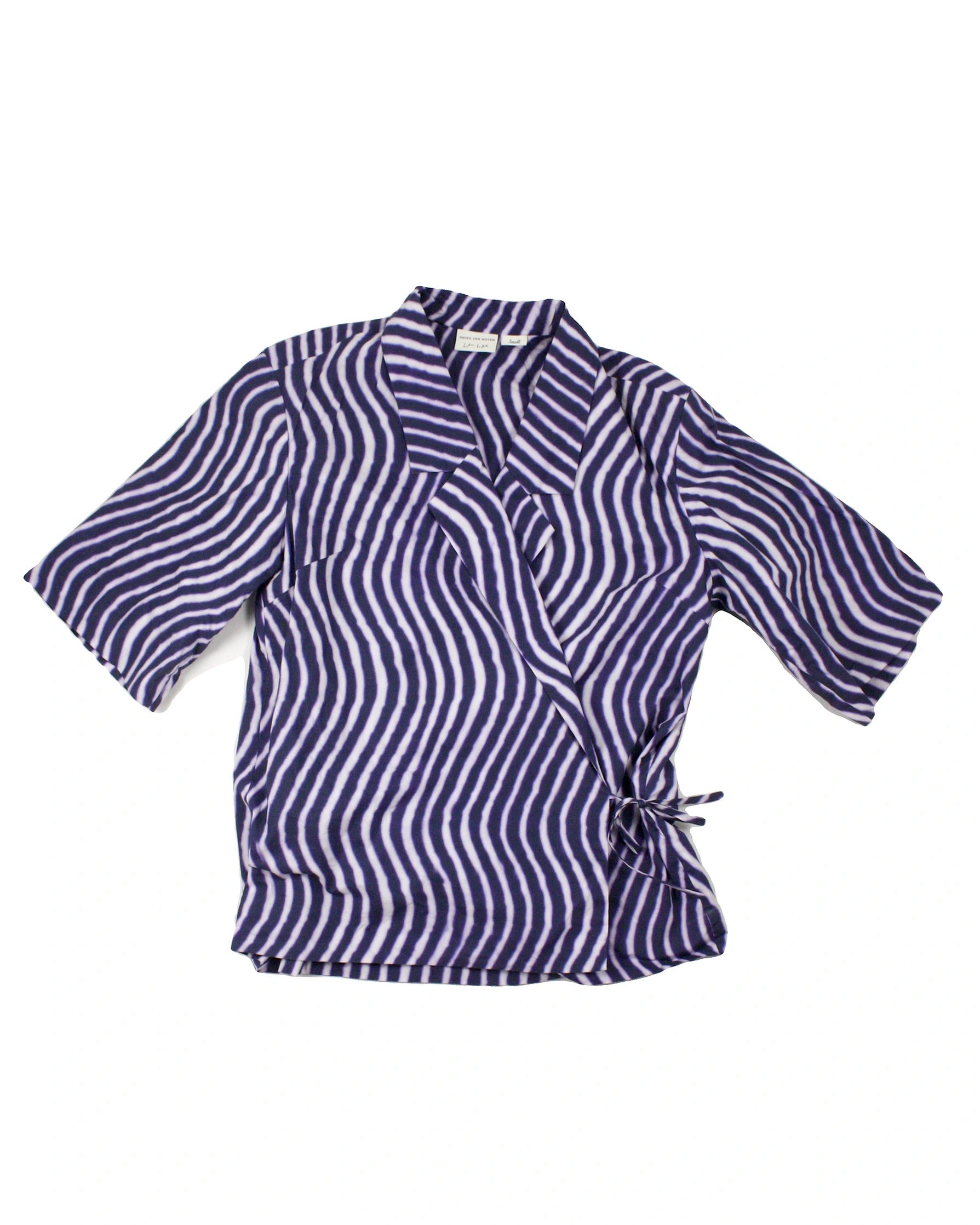 Len Lye x Dries Van Noten Designer Women's Purple/Navy/Light Purple Wavy Print Short Sleeve Wrap Top – Size S