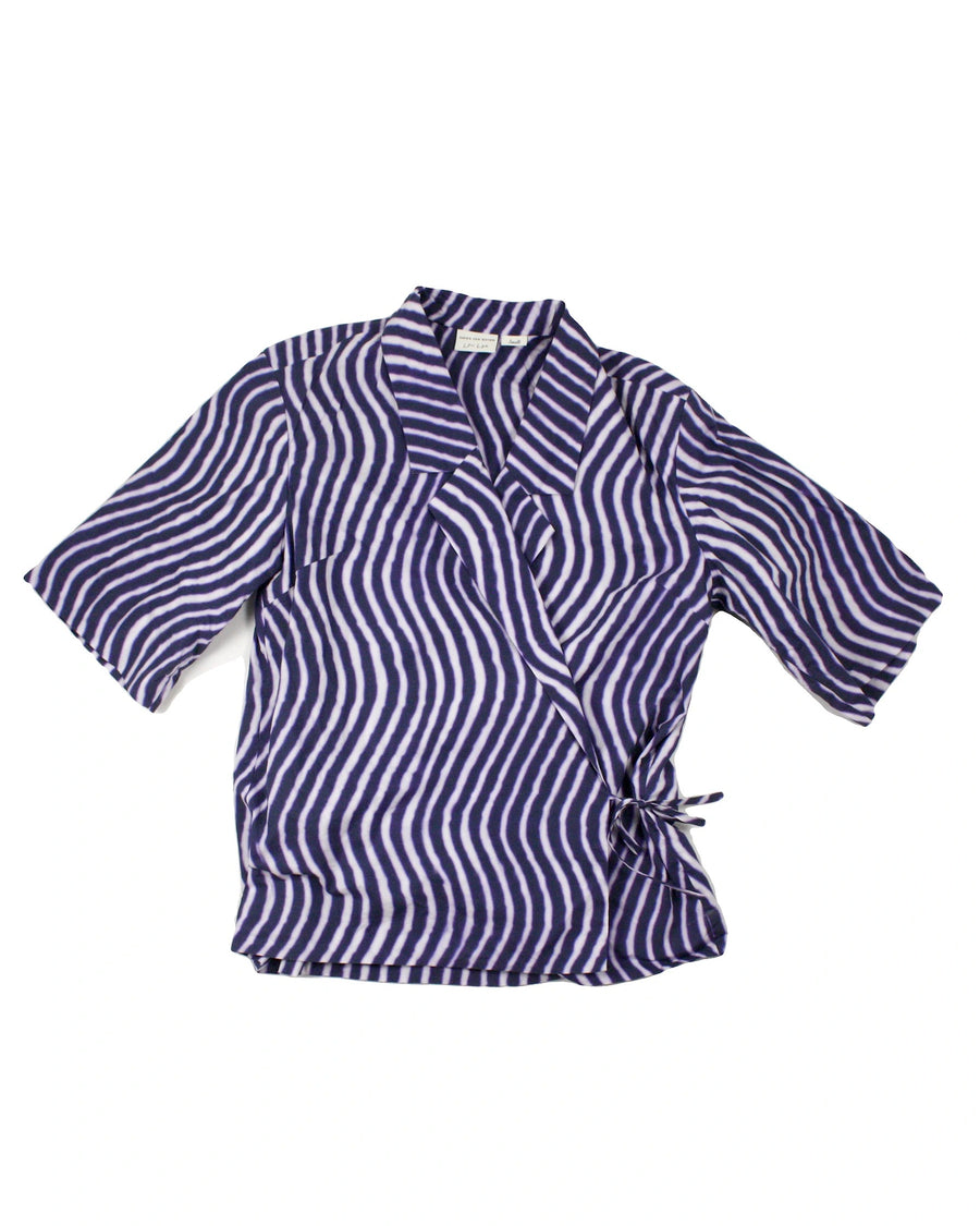 Len Lye x Dries Van Noten Designer Women's Purple/Navy/Light Purple Wavy Print Short Sleeve Wrap Top – Size S