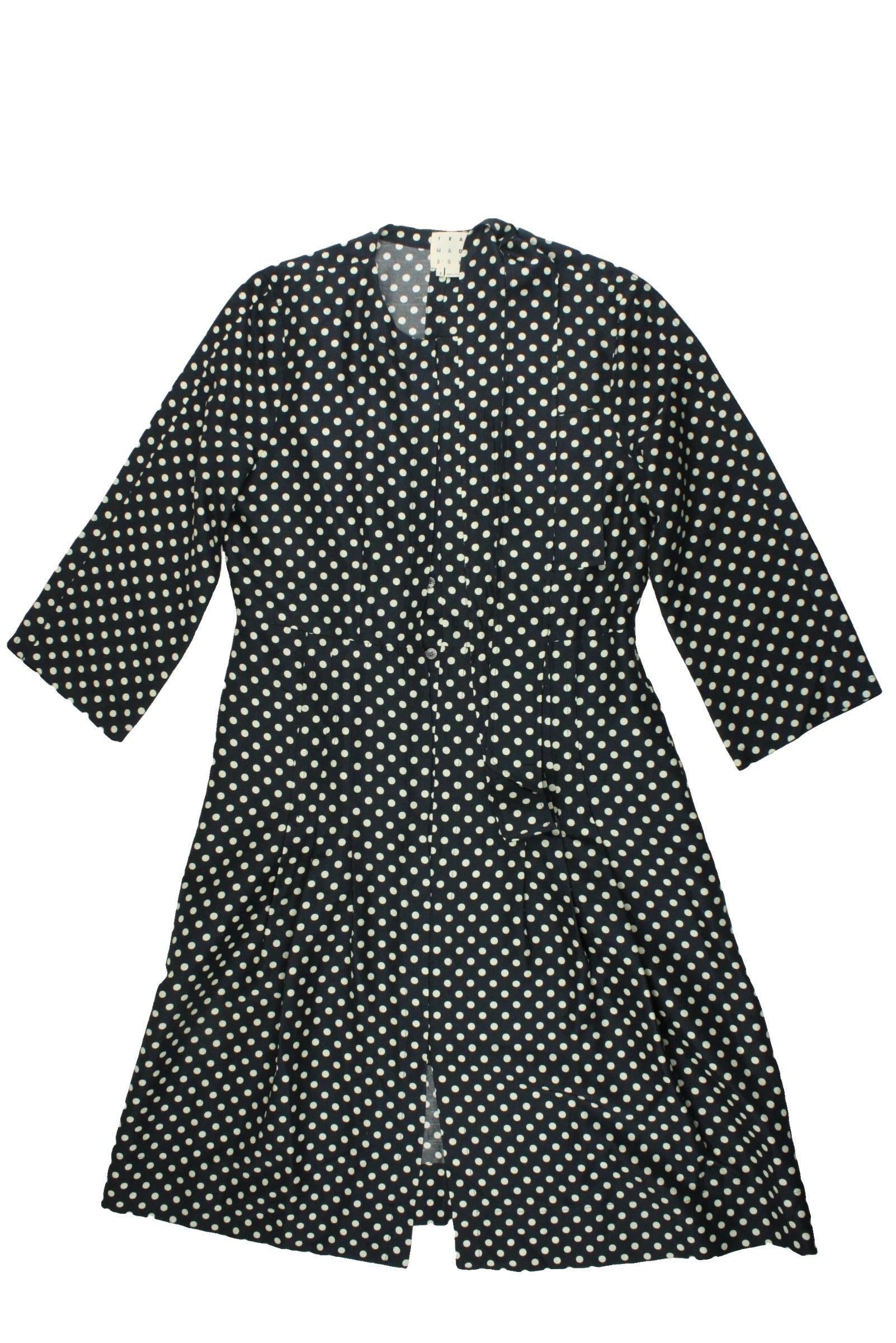Tramadrke Women's Navy/Cream Long Sleeve High Round Neck Round Neck Dress with Silk, Buttons, Hidden Buttons, Belted – Size 6
