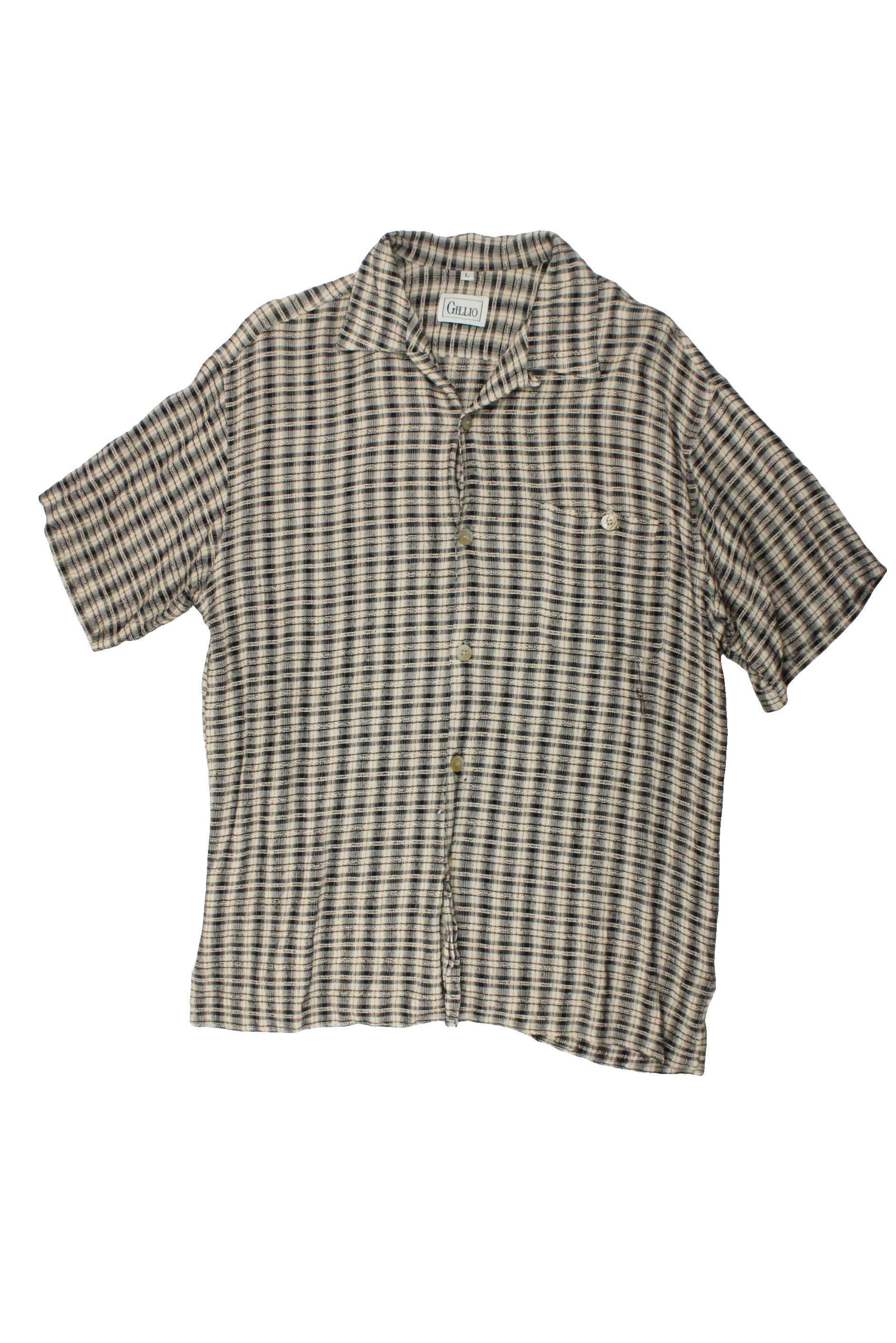 Gillio Men's Tan/Black Short Sleeve Shirt with 1 Pocket, Plaid, Lightweight, Textured – Size L