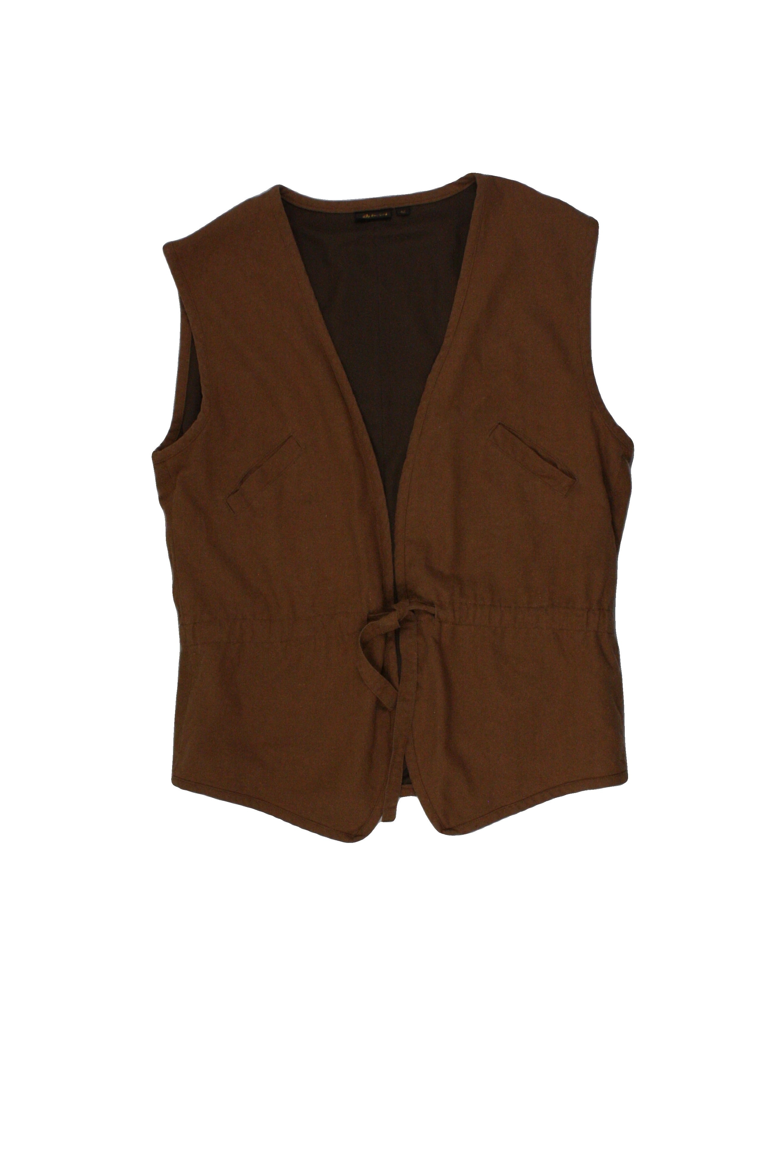Di Bari Women's Brown Vest with Silk, 2 Pockets, Waist Tie