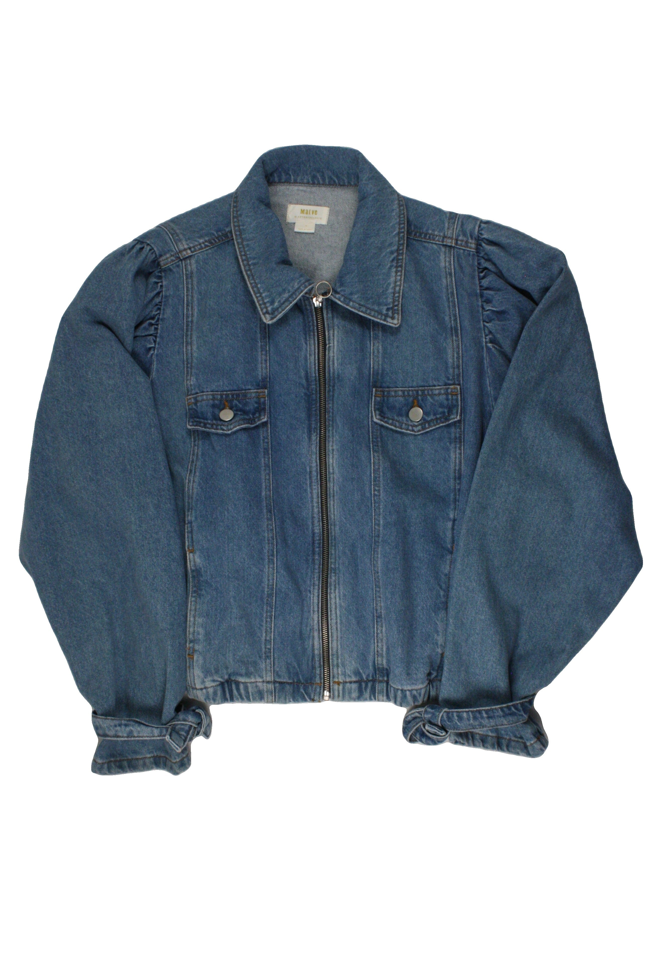 Maeve Women's Blue/Medium Wash Puff Shoulder Long Sleeve Jacket with Denim, 4 Pockets, Zip-Up, Gathers
