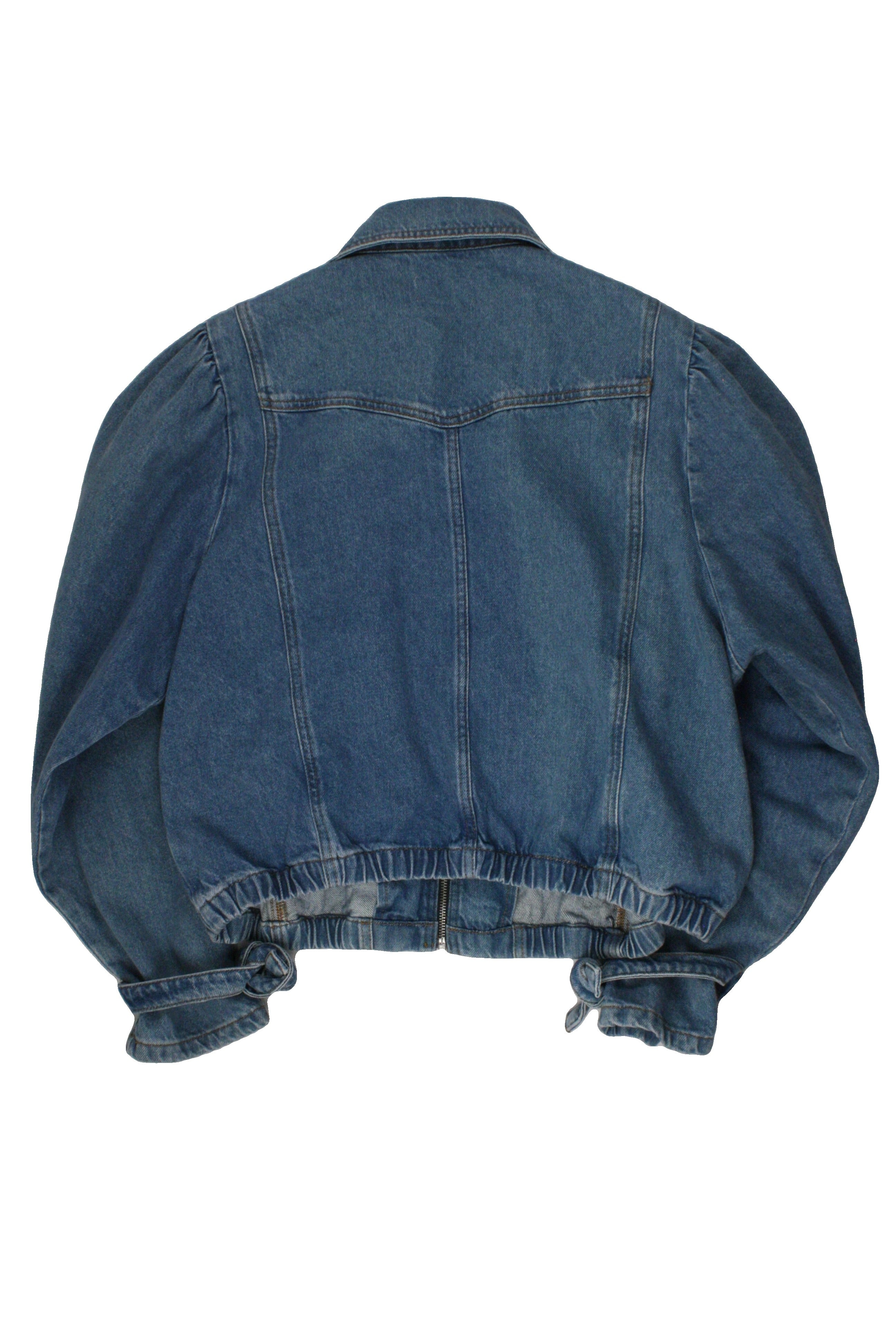 Maeve Women's Blue/Medium Wash Puff Shoulder Long Sleeve Jacket with Denim, 4 Pockets, Zip-Up, Gathers