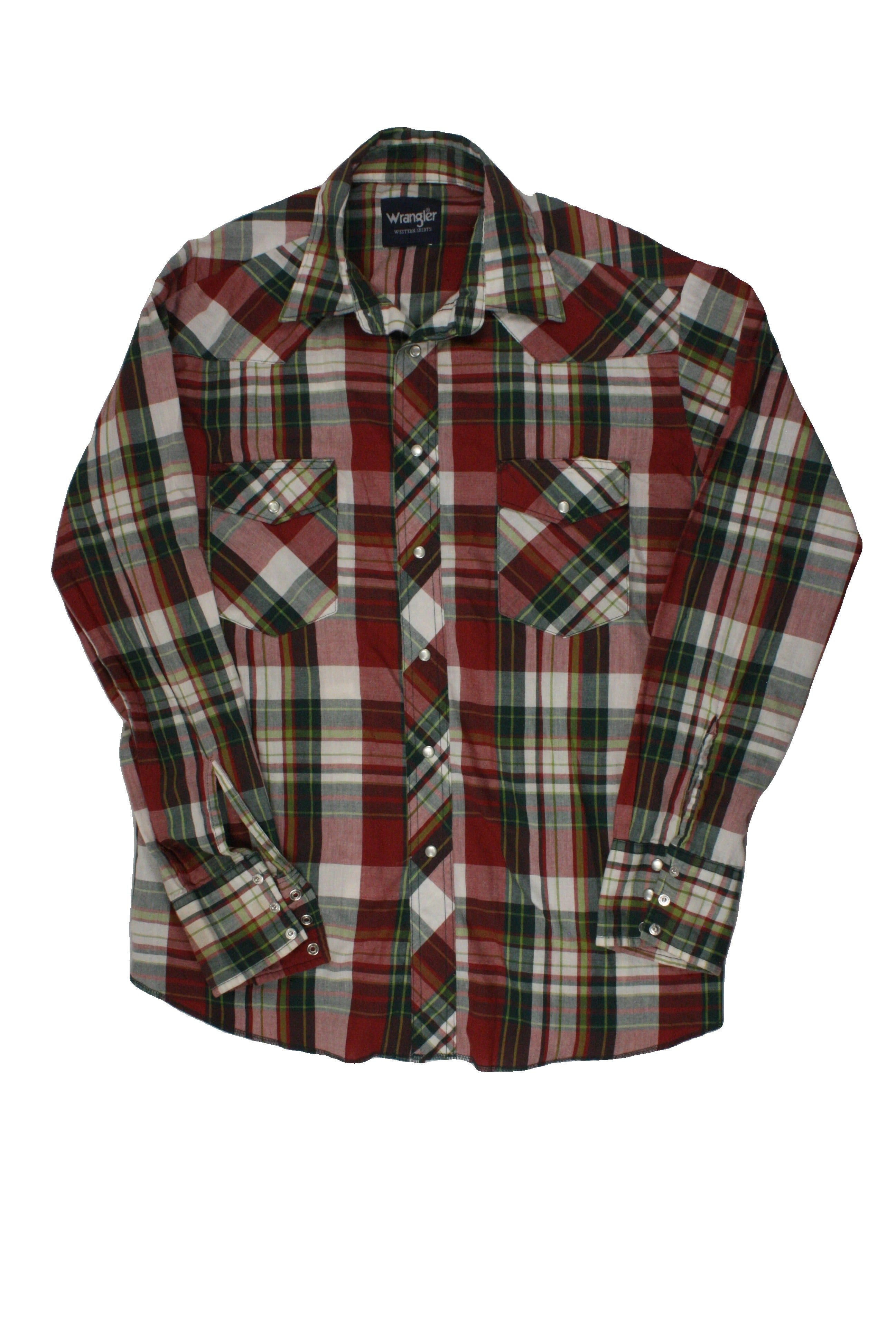 Wrangler Men's Red/Green/White Long Sleeve Shirt with Front Snaps, Plaid