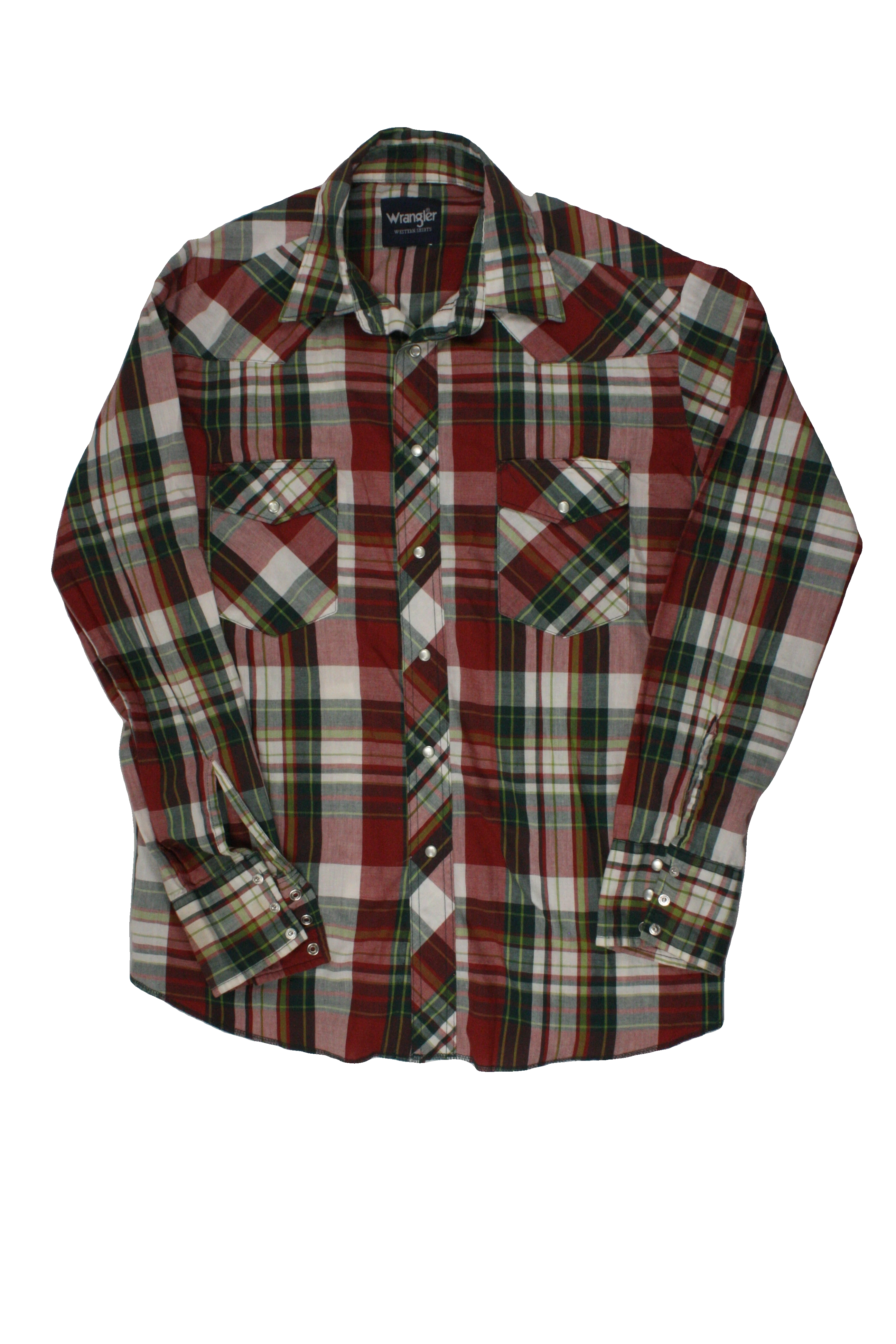 Wrangler Men's Red/Green/White Long Sleeve Shirt with Front Snaps, Plaid