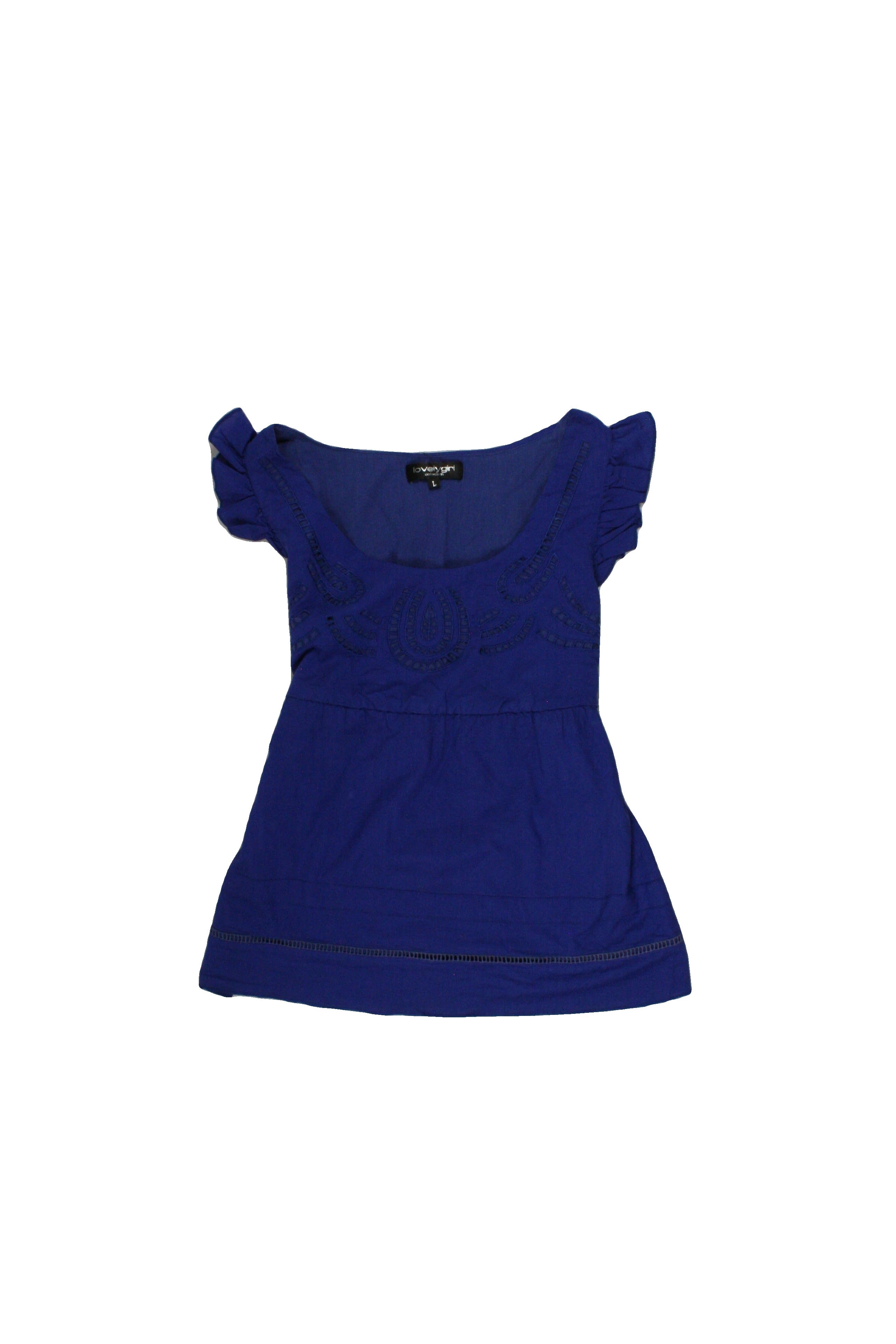 Lovely Girl Women's Blue Ruffle Sleeve Short Sleeve Scoop Neck Top with Cotton, Back Tie, Eyelet Embroidery – Size L