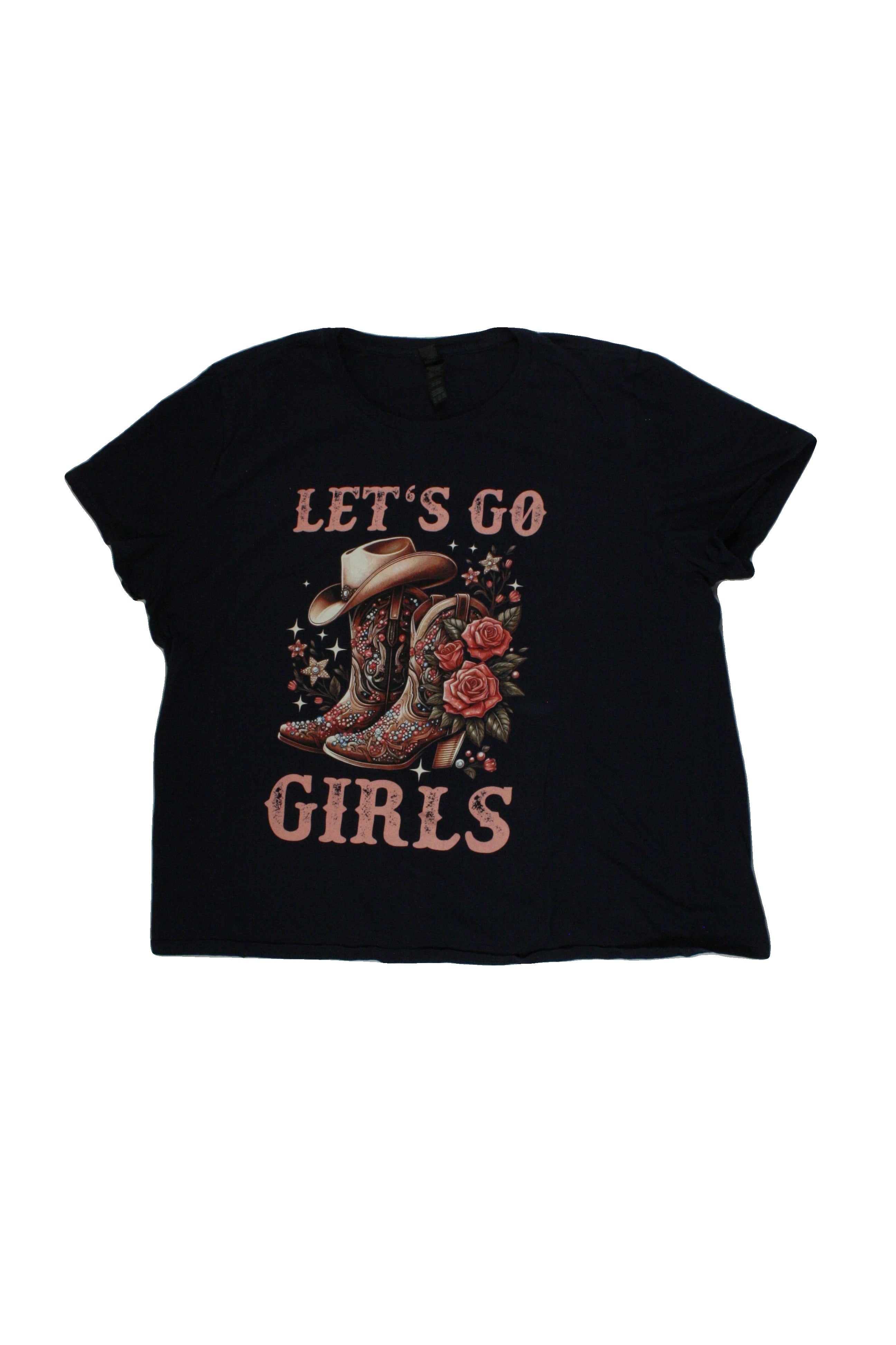 Gildan Women's Navy/Brown/Pink Short Sleeve Round Neck Top with Ribbed Trim, Boots Graphic, "Let" Graphic