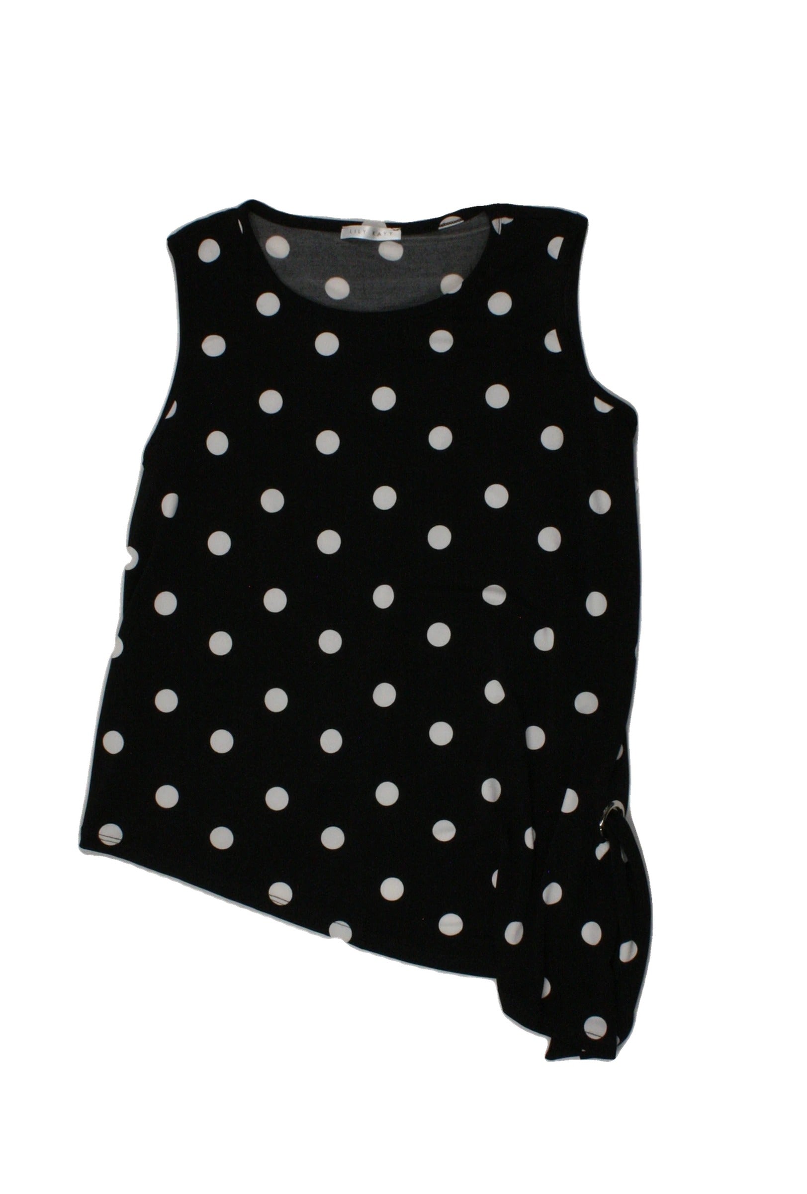 Lily Kayy Women's Black/White Sleeveless Top with Asymmetric, Polka Dot, Silver Grommet