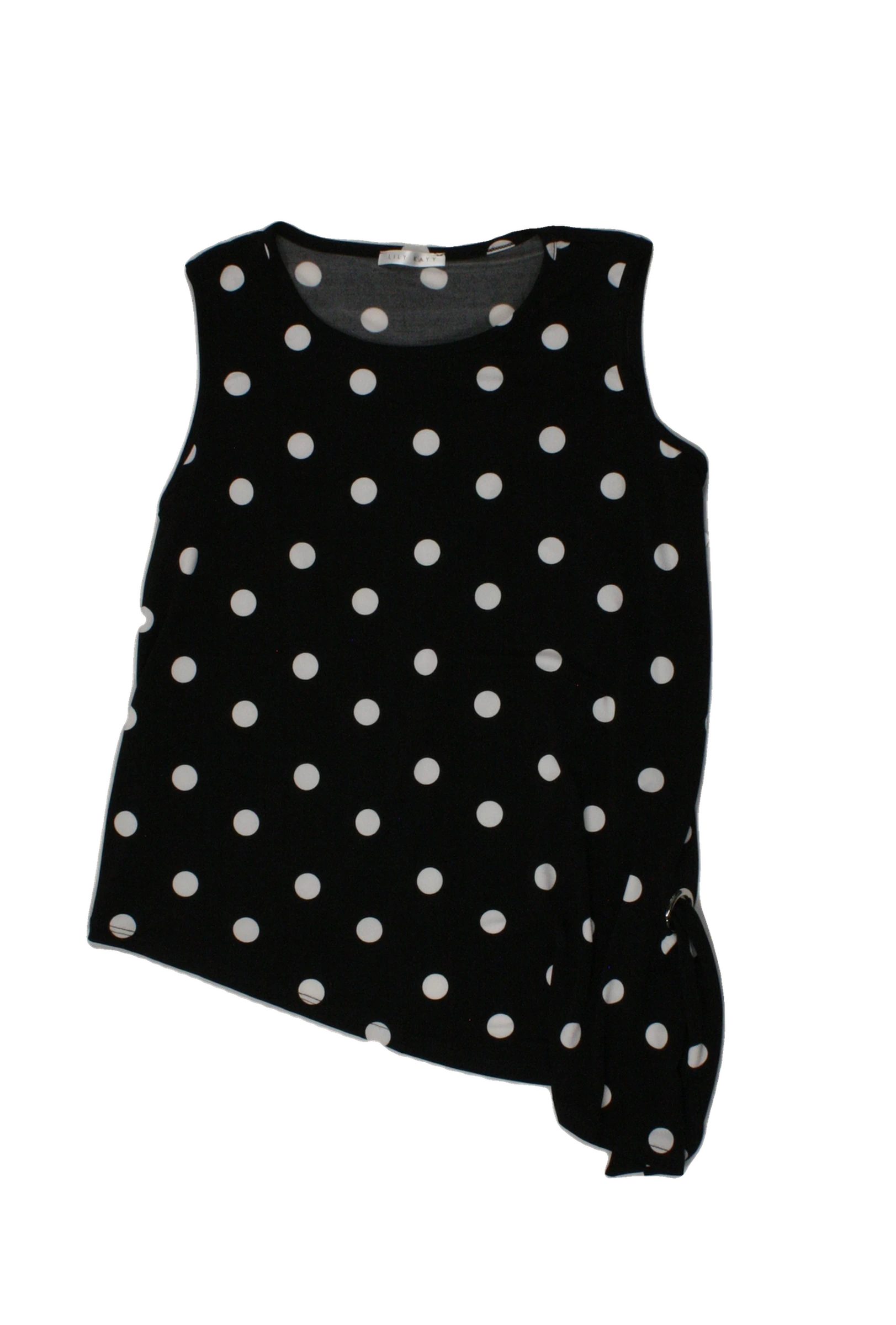 Lily Kayy Women's Black/White Sleeveless Top with Asymmetric, Polka Dot, Silver Grommet