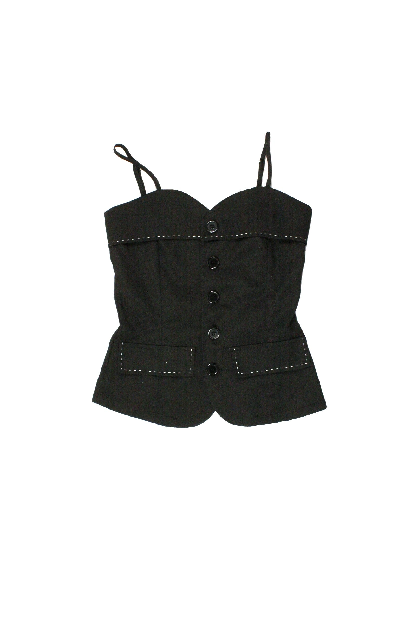 Fashion Women's Black/White Spaghetti Strap Top with Button Front, Contrast Stitching, Front Seams – Size 1