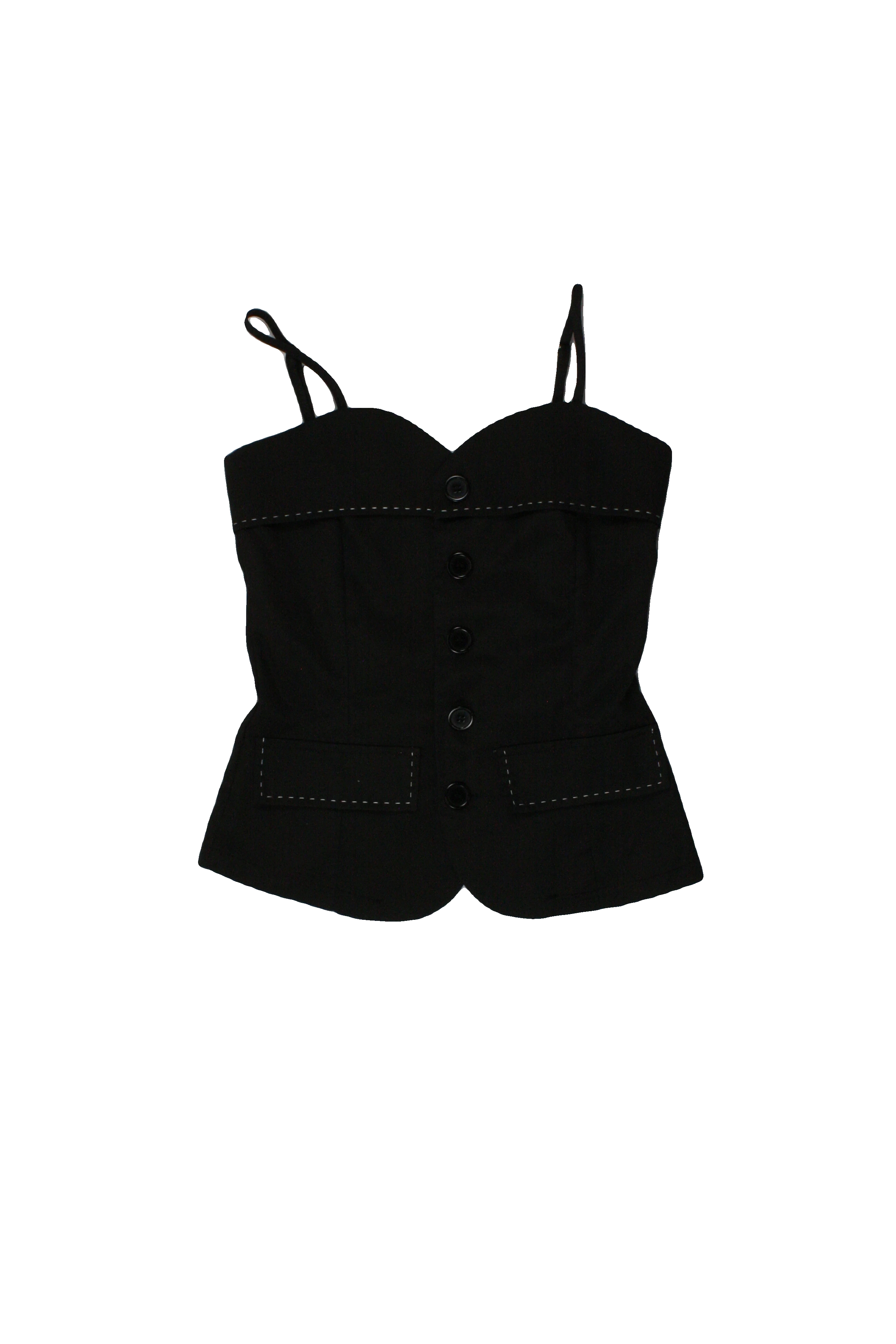 Fashion Women's Black/White Spaghetti Strap Top with Button Front, Contrast Stitching, Front Seams – Size 1