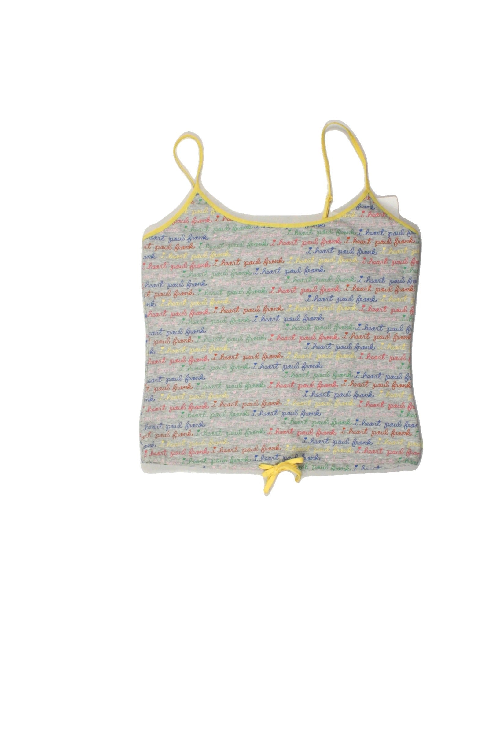 Paul Frank Women's Gray/Yellow/Pink/Green/Blue Spaghetti Strap Scoop Neck Top with Logo Monogram, Waist Tie – Size L