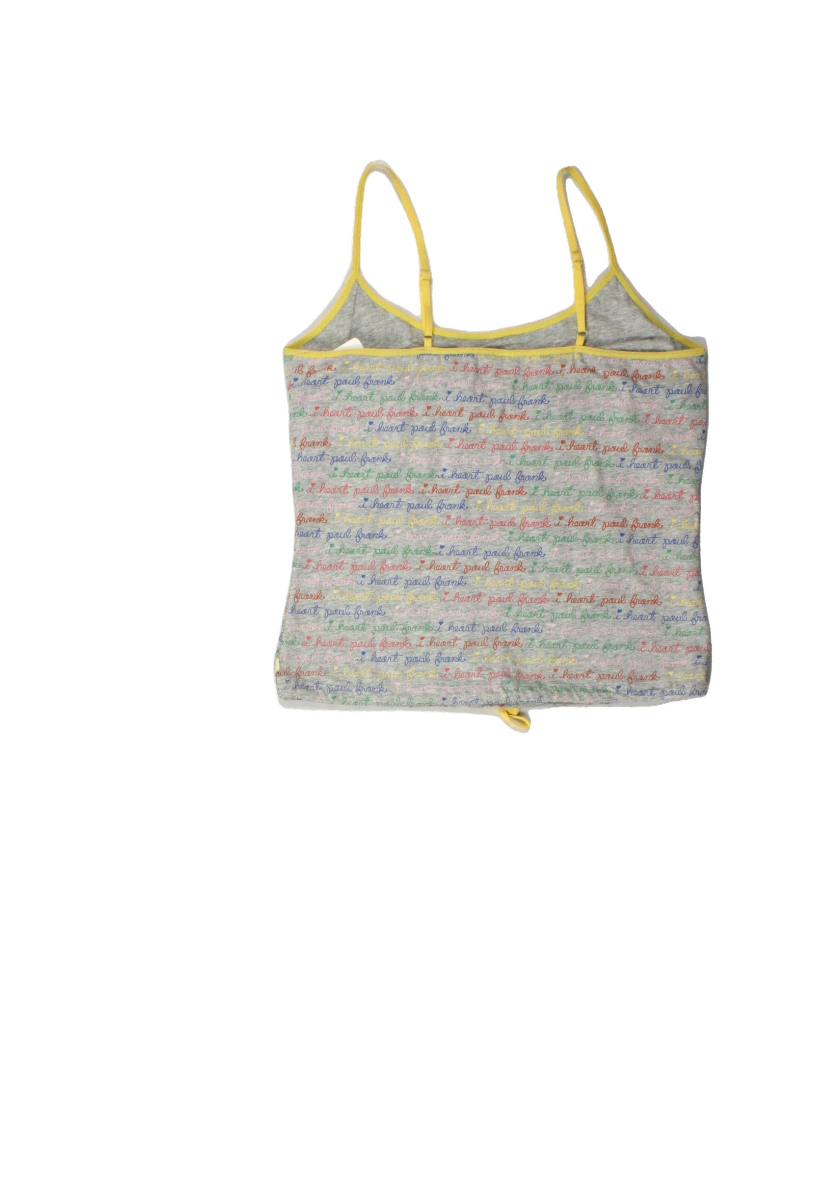 Paul Frank Women's Gray/Yellow/Pink/Green/Blue Spaghetti Strap Scoop Neck Top with Logo Monogram, Waist Tie – Size L