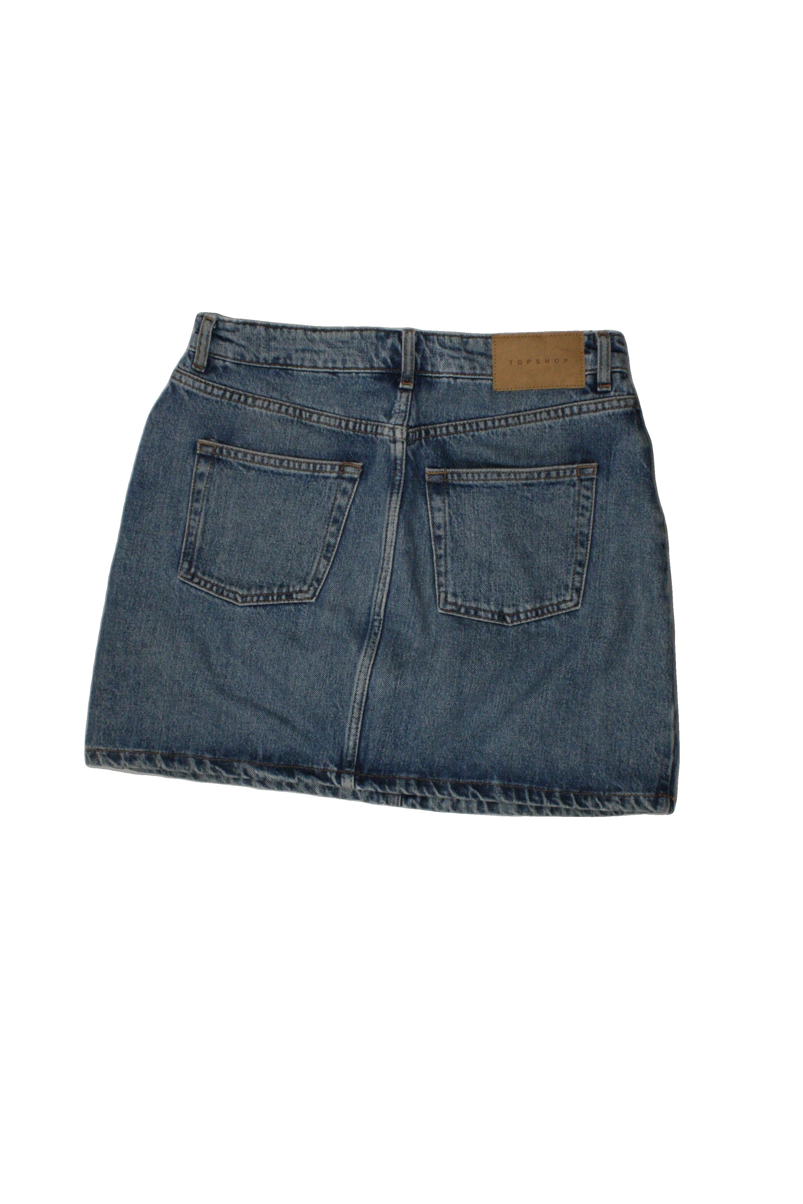 Topshop Women's Blue/Medium Wash Skirt with Denim, 5 Pockets, Mini, Contrast Stitching – Size W30