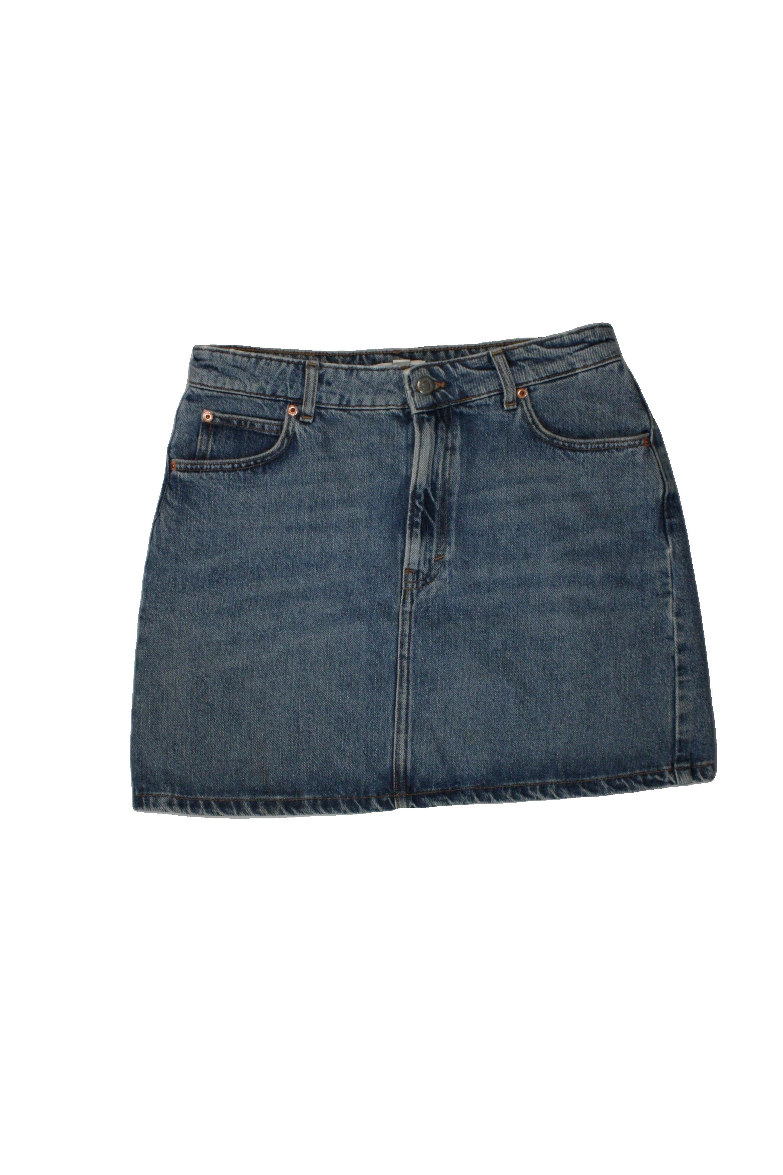 Topshop Women's Blue/Medium Wash Skirt with Denim, 5 Pockets, Mini, Contrast Stitching – Size W30