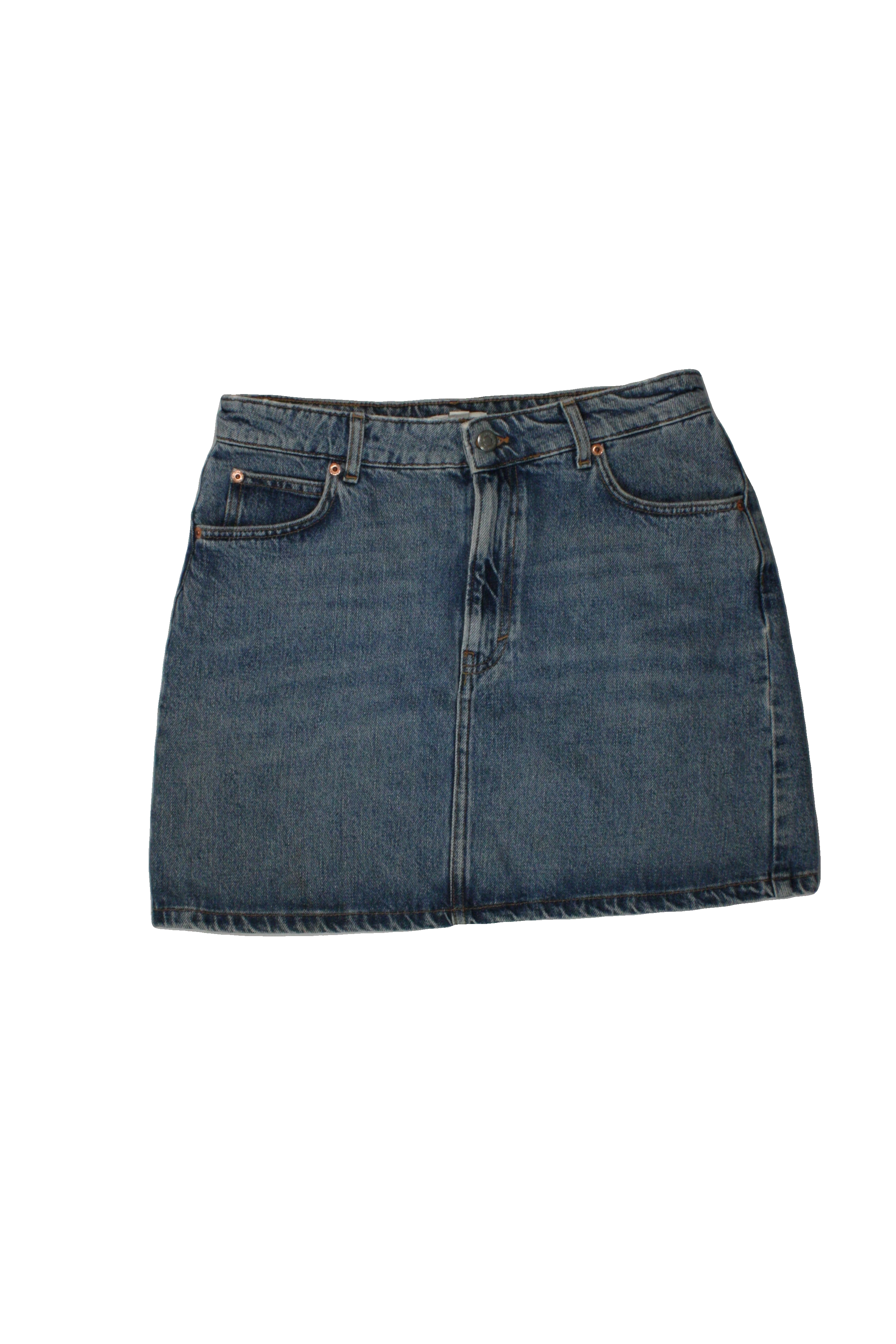 Topshop Women's Blue/Medium Wash Skirt with Denim, 5 Pockets, Mini, Contrast Stitching – Size W30