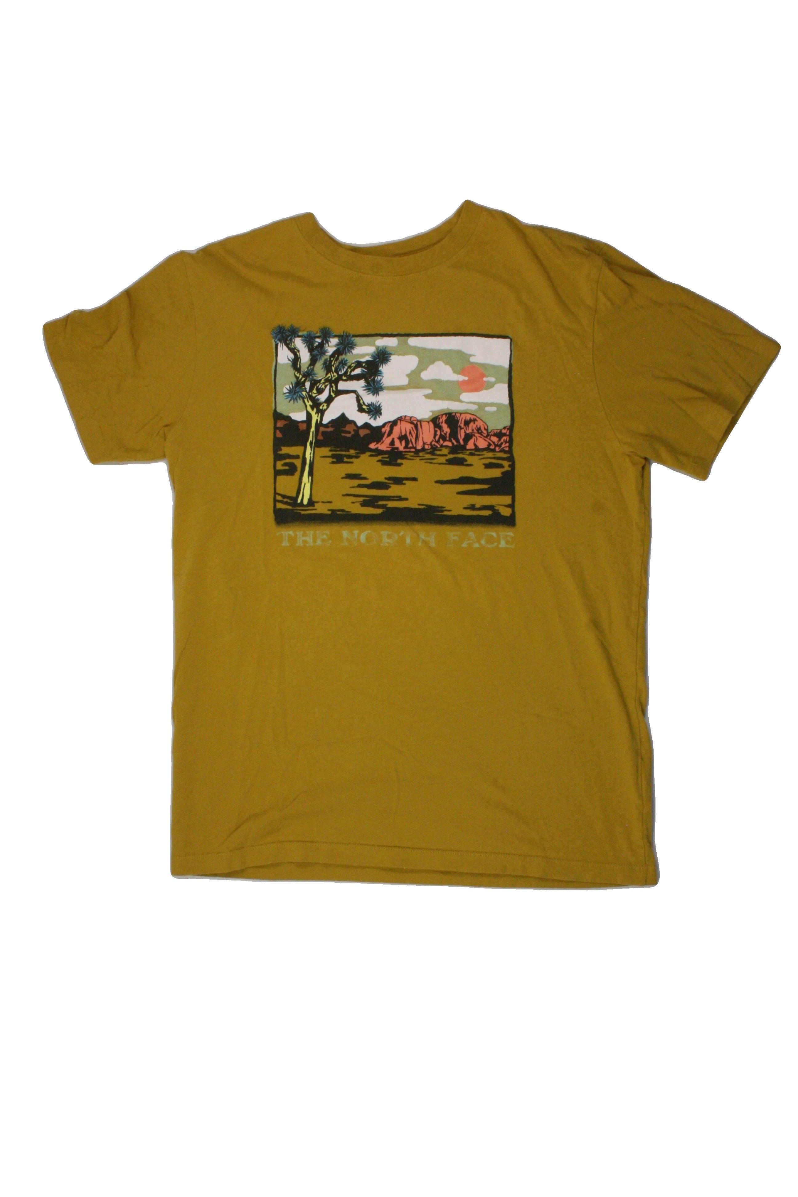 The North Face Men's Mustard/Black/White/Salmon Crew Neck Tee with Desert Graphic, "TheNorthFace" Graphic, The North Face Graphic – Size S