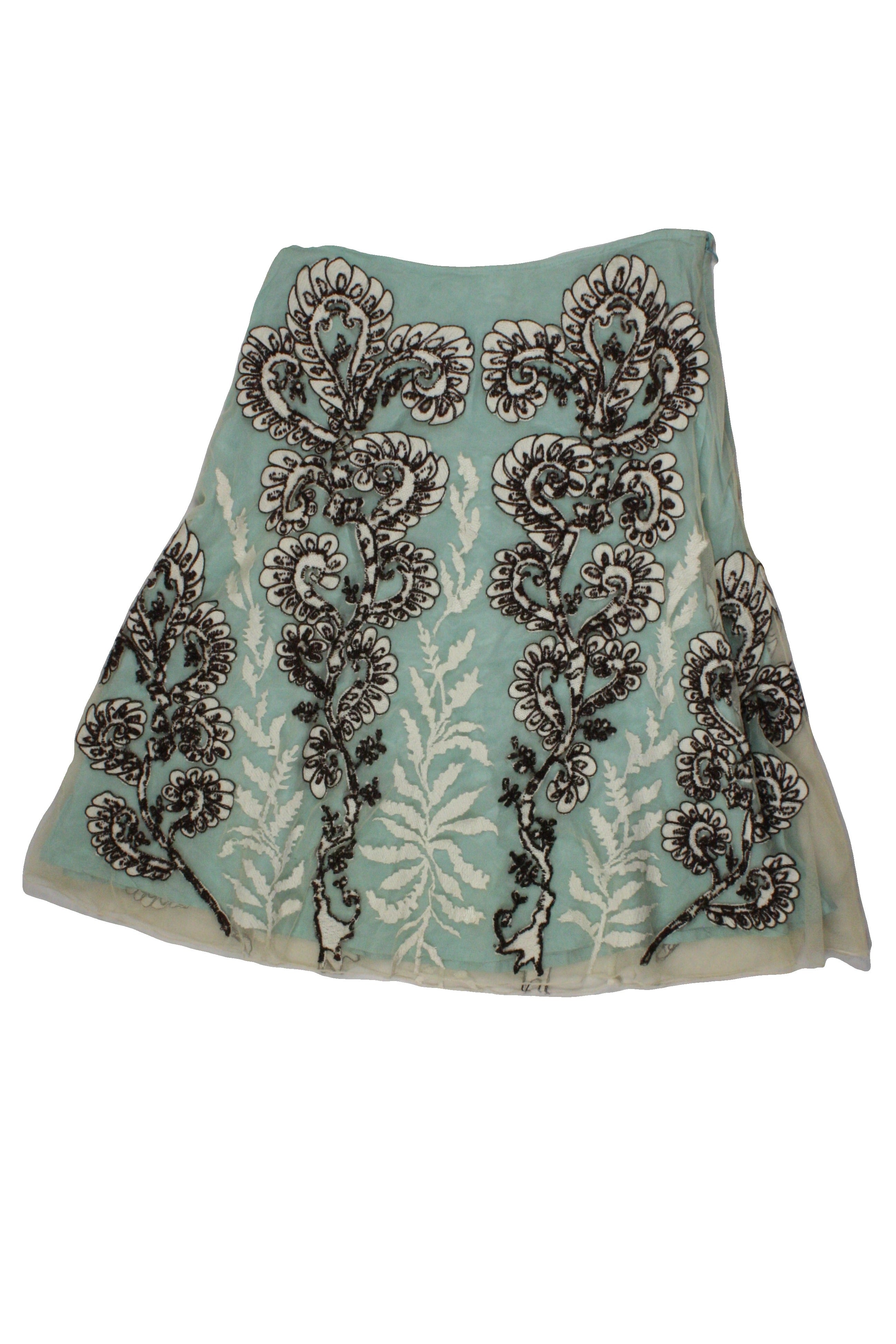 Snak Women's Blue/Cream/Brown Skirt with Mesh Layer, Midi, Embroidered Flowers