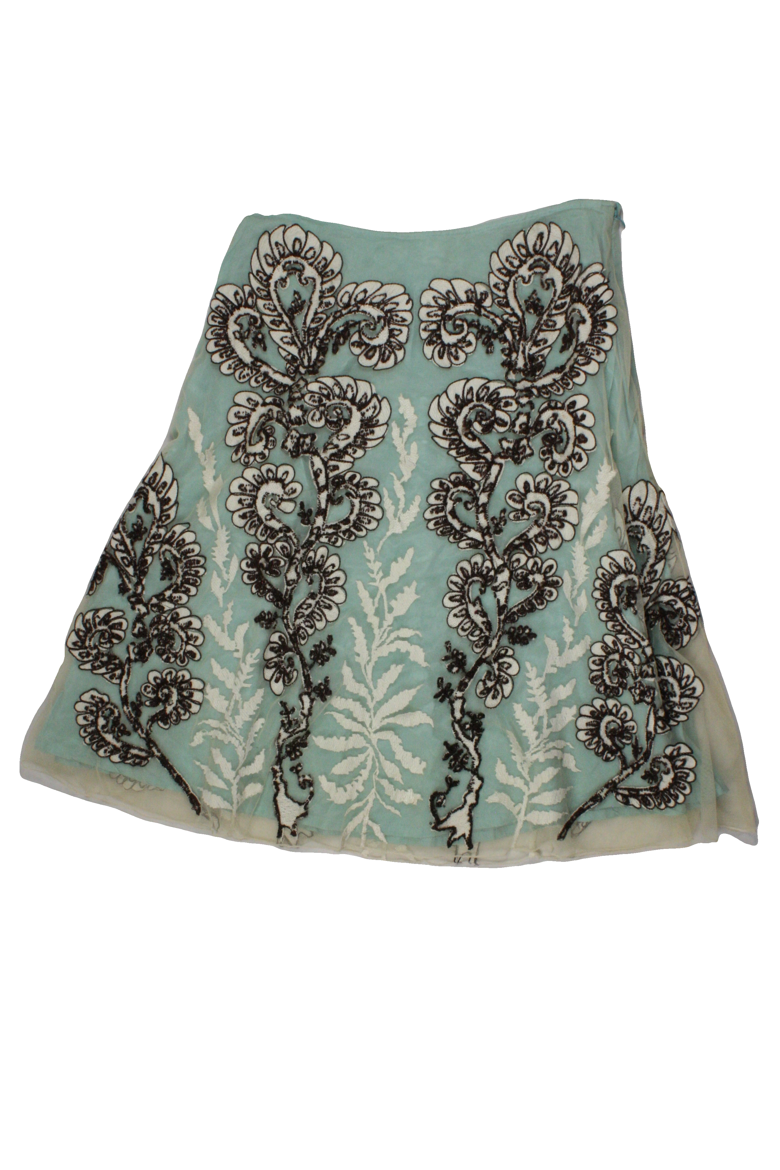 Snak Women's Blue/Cream/Brown Skirt with Mesh Layer, Midi, Embroidered Flowers