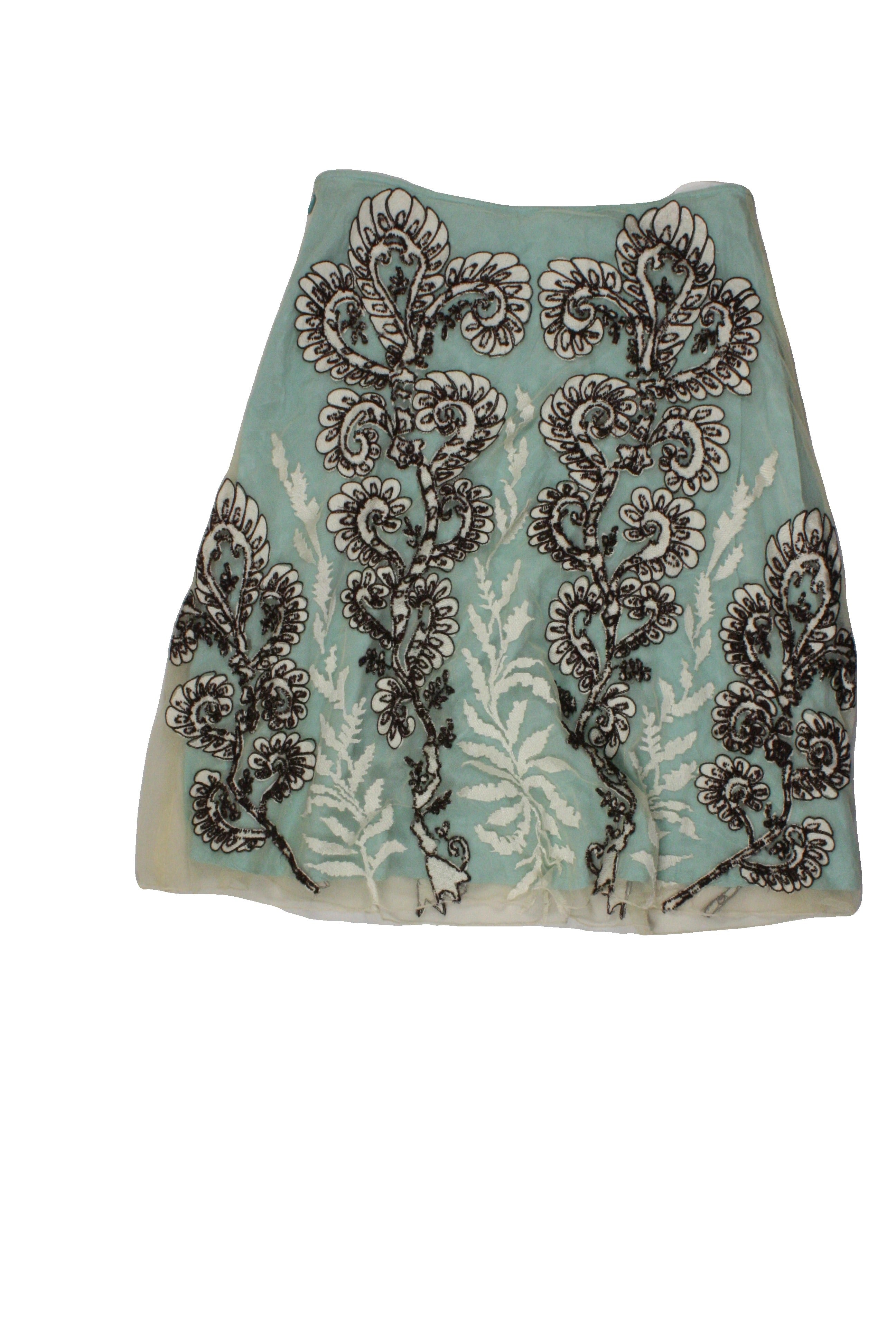 Snak Women's Blue/Cream/Brown Skirt with Mesh Layer, Midi, Embroidered Flowers