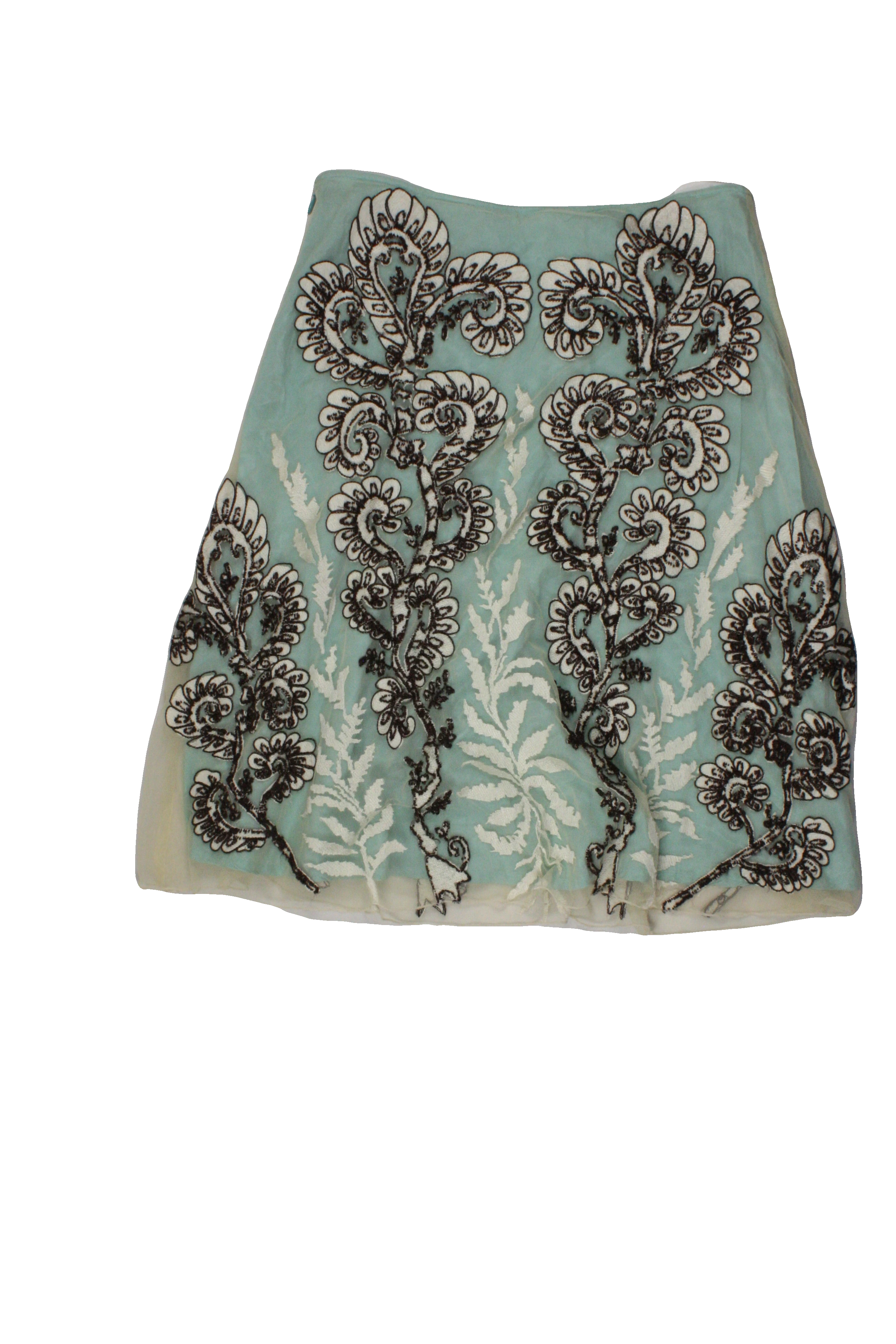Snak Women's Blue/Cream/Brown Skirt with Mesh Layer, Midi, Embroidered Flowers