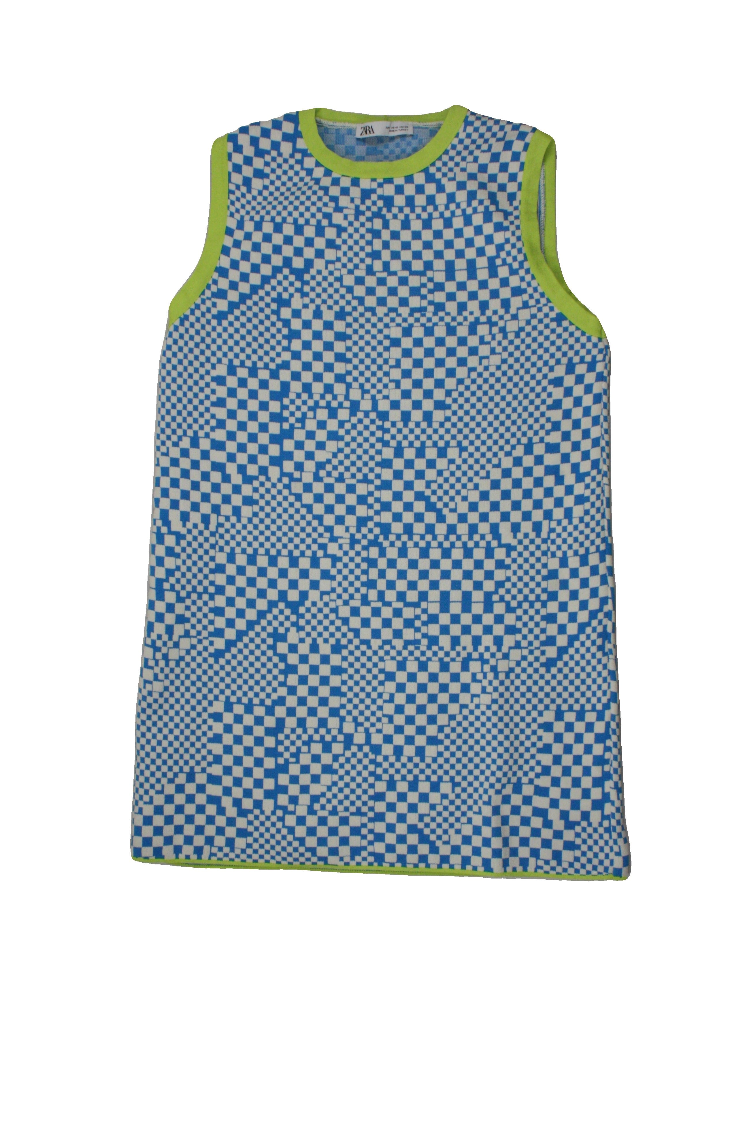 Zara Women's Blue/Green/White Sleeveless Round Neck Dress with Mini, Gingham, Abstract Gingham – Size S