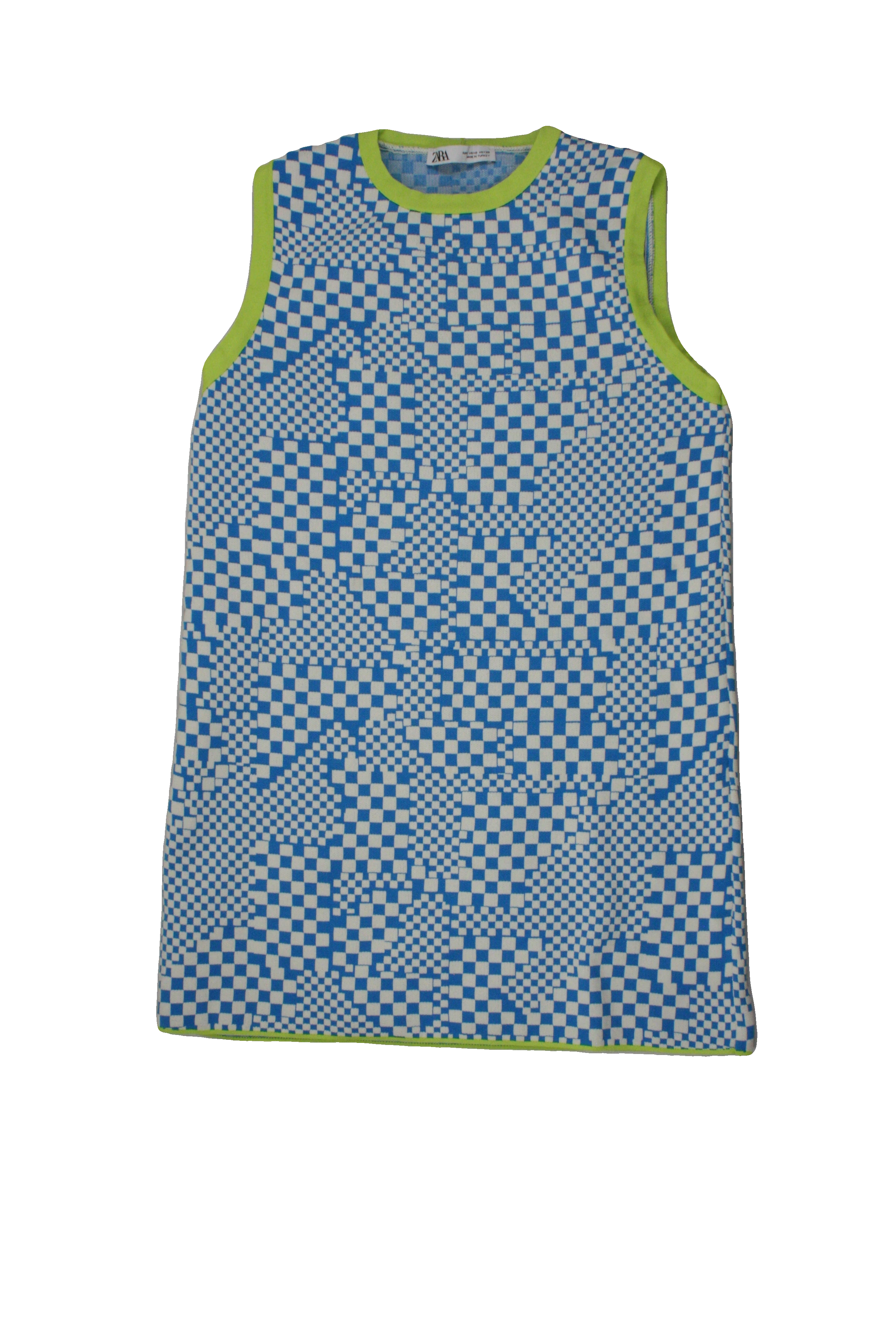 Zara Women's Blue/Green/White Sleeveless Round Neck Dress with Mini, Gingham, Abstract Gingham – Size S