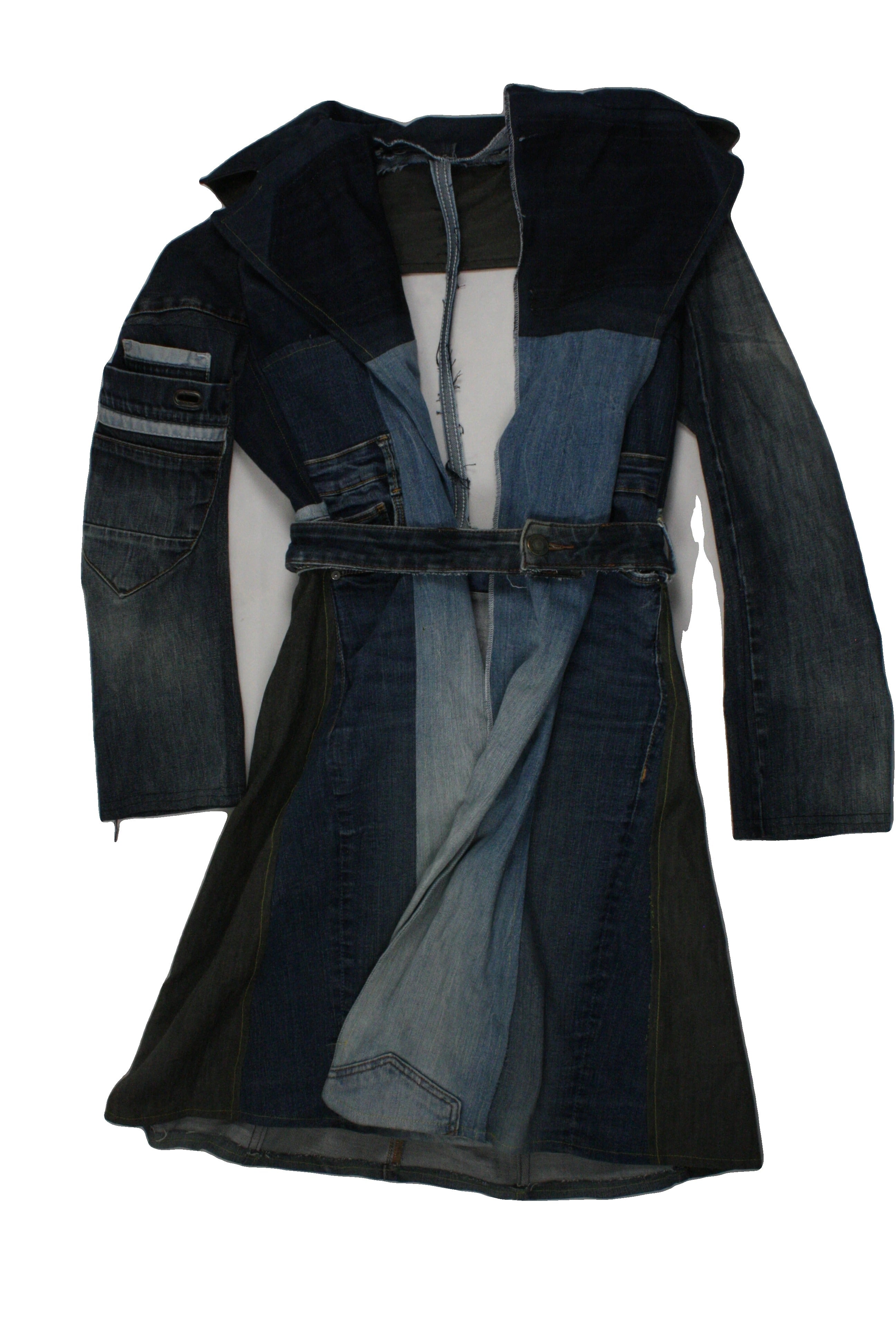 ADC Upcycled Women's Blue Coat with Denim, Distressed Back Cutout, Collar